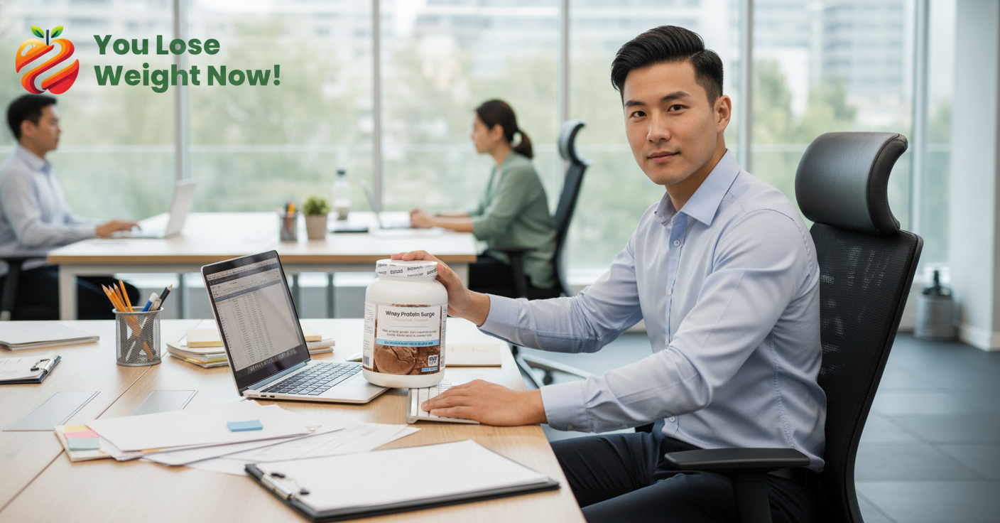 A stylish East Asian man in his late twenties at a busy office desk with plants and greenery in the background, reaching for the WheyNourish Chocolate Flavour Whey Protein Surge 1500ml white round barrel supplement pot visible on his desk. The YouLoseWeightNow! logo is visible in the top left corner of the image.