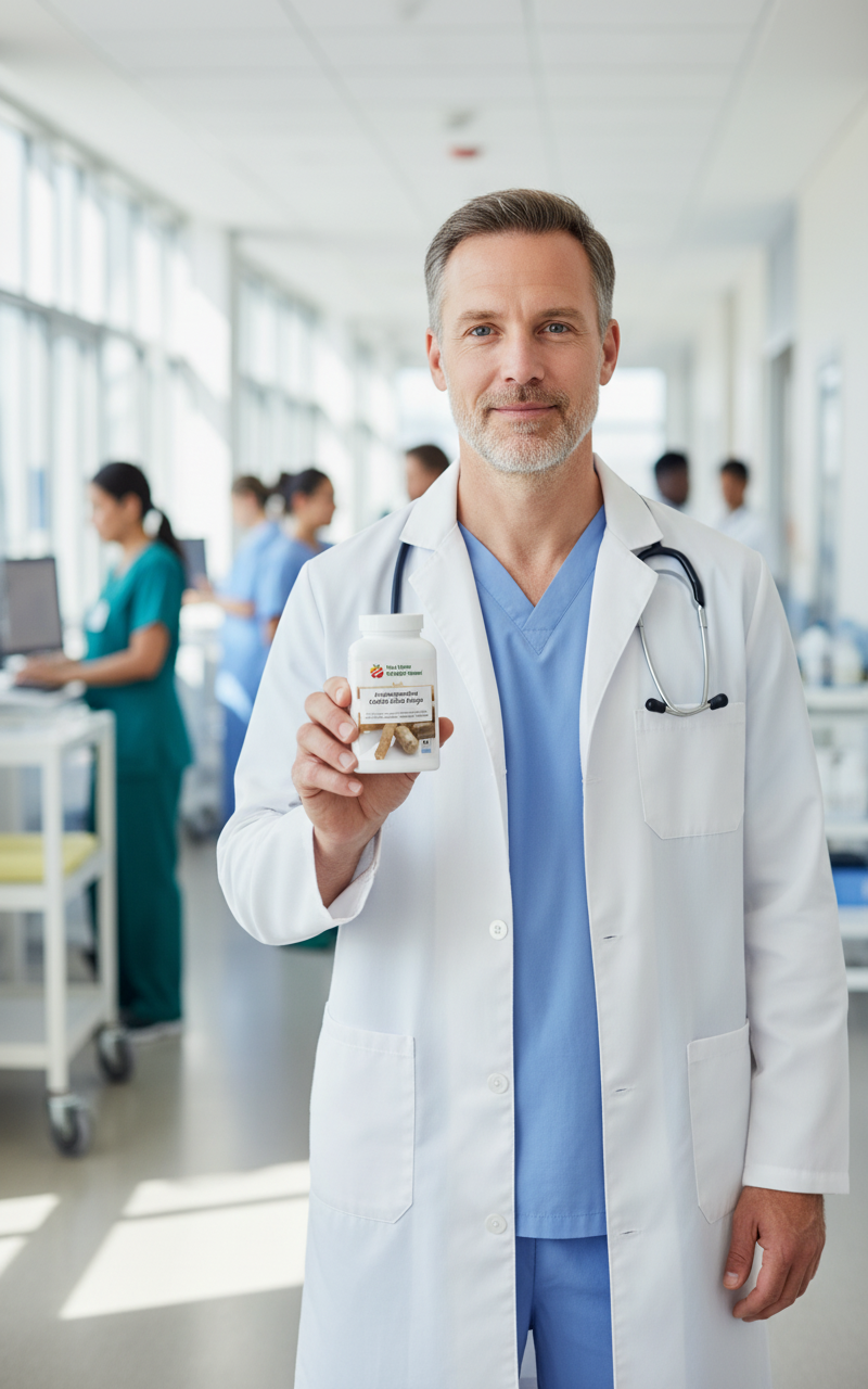 White male doctor in a hospital corridor holding Ashwagandha KSM66 Mind Surge supplemen