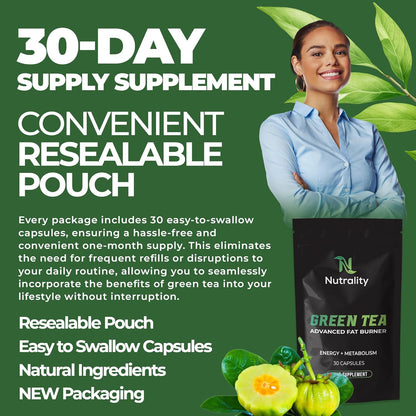 Green Tea Advanced Fat Burner Supplement | for Men & Women | Weight Management, Metabolism Boost & Appetite Suppressant | 30 Vegan Capsules