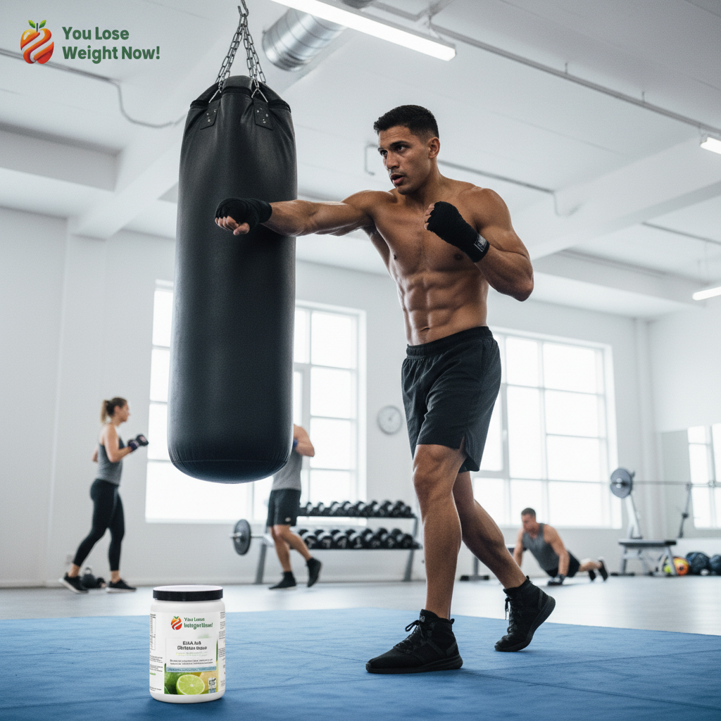 A lean, powerful South Asian male boxer in his late twenties throws a sharp jab at a heavy bag in a bright modern boxing gym full of other athletes training in the background, the BCAA 2:1:1 Citrulline Surge supplement pot resting on the corner of the boxing ring. The YouLoseWeightNow! logo is visible in the top left corner of the image.