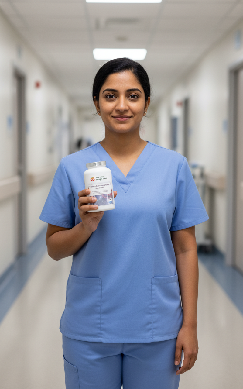 South Asian female nurse holding a YouLoseWeightNow! Turmeric Glucosamine Joint Flow supplement pot in a hospital corridor