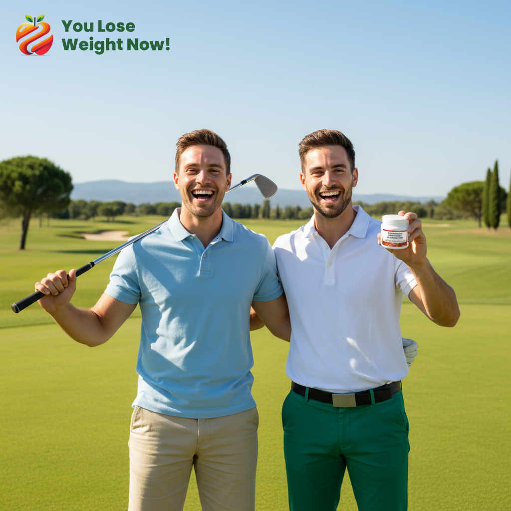 Two White male friends laughing on a beautifully manicured golf course on a bright sunny day, one holding a YouLoseWeightNow! Glucomannan Thermogenic Chromium Ignite pot with the label visible. The YouLoseWeightNow! logo is visible in the top left corner of the image.