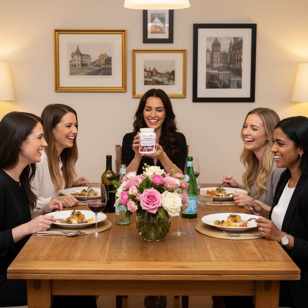 Four women friends enjoying dinner together with YouLoseWeightNow! D-Mannose Cranberry Flow Surge supplement pot on the table