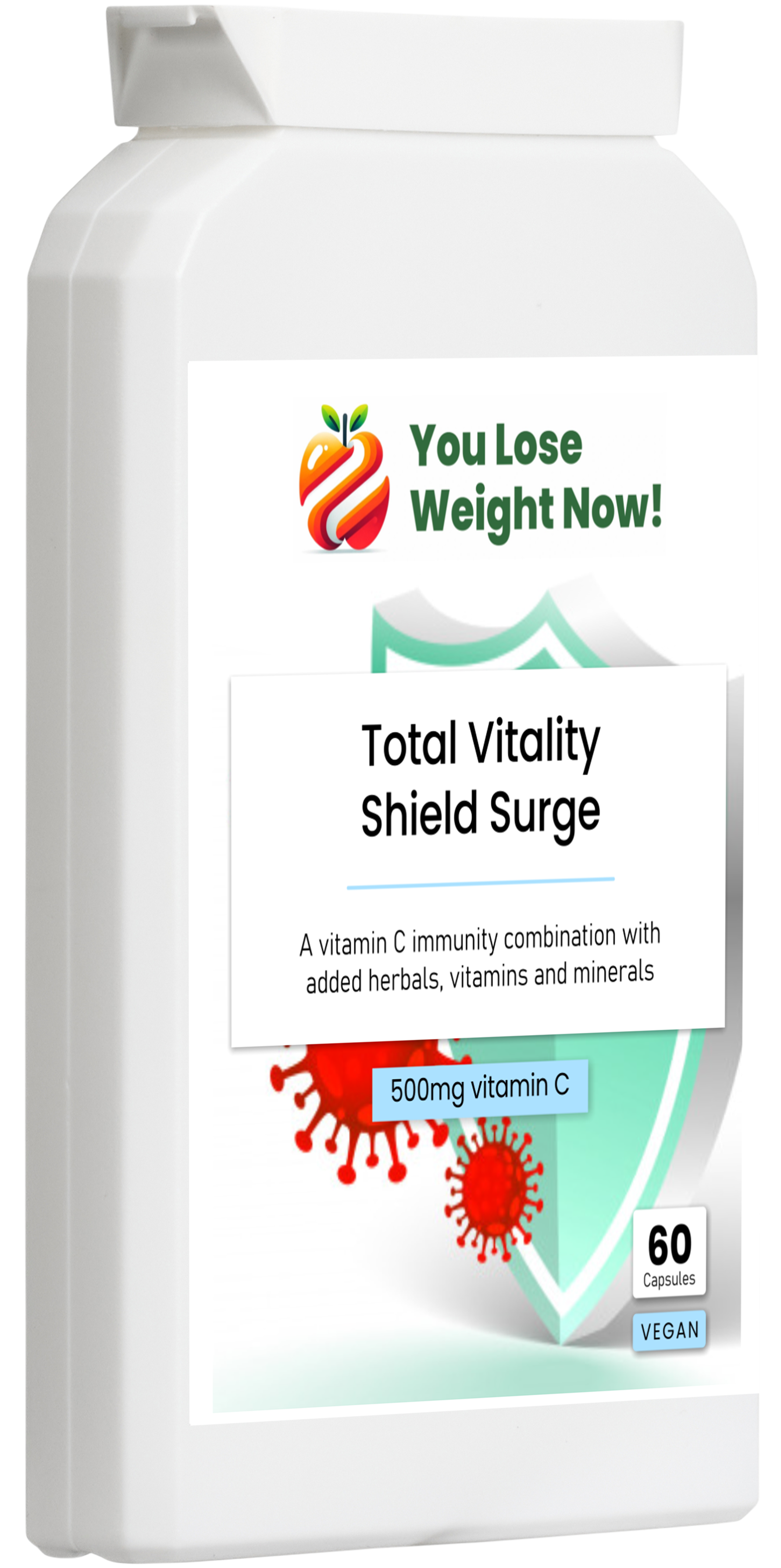 Total Vitality Shield Surge supplement bottle side view – clean formula, UK-made – YouLoseWeightNow!