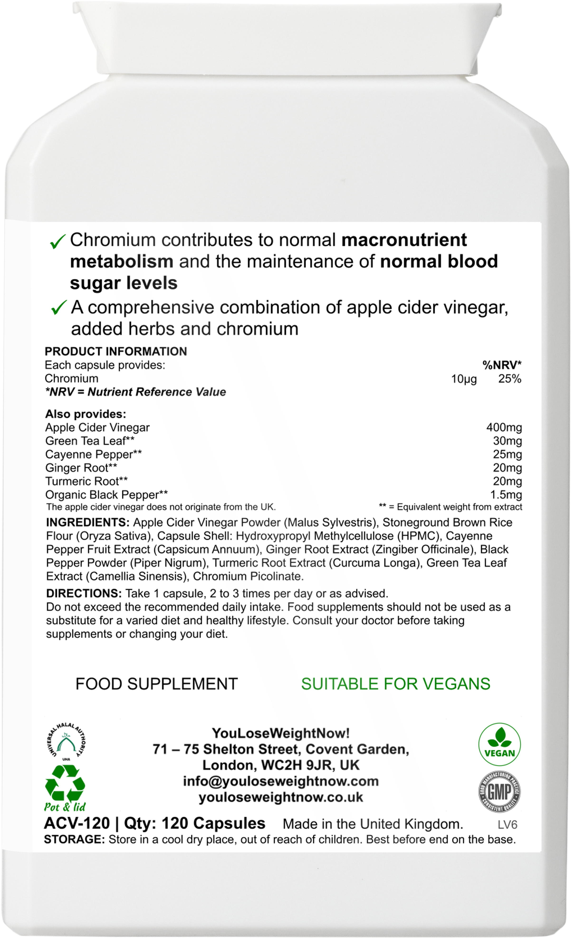 Apple Cider Metabolism Ignite — YouLoseWeightNow! flat pot reverse and back view showing full ingredients list and directions, 120 vegan capsules.
