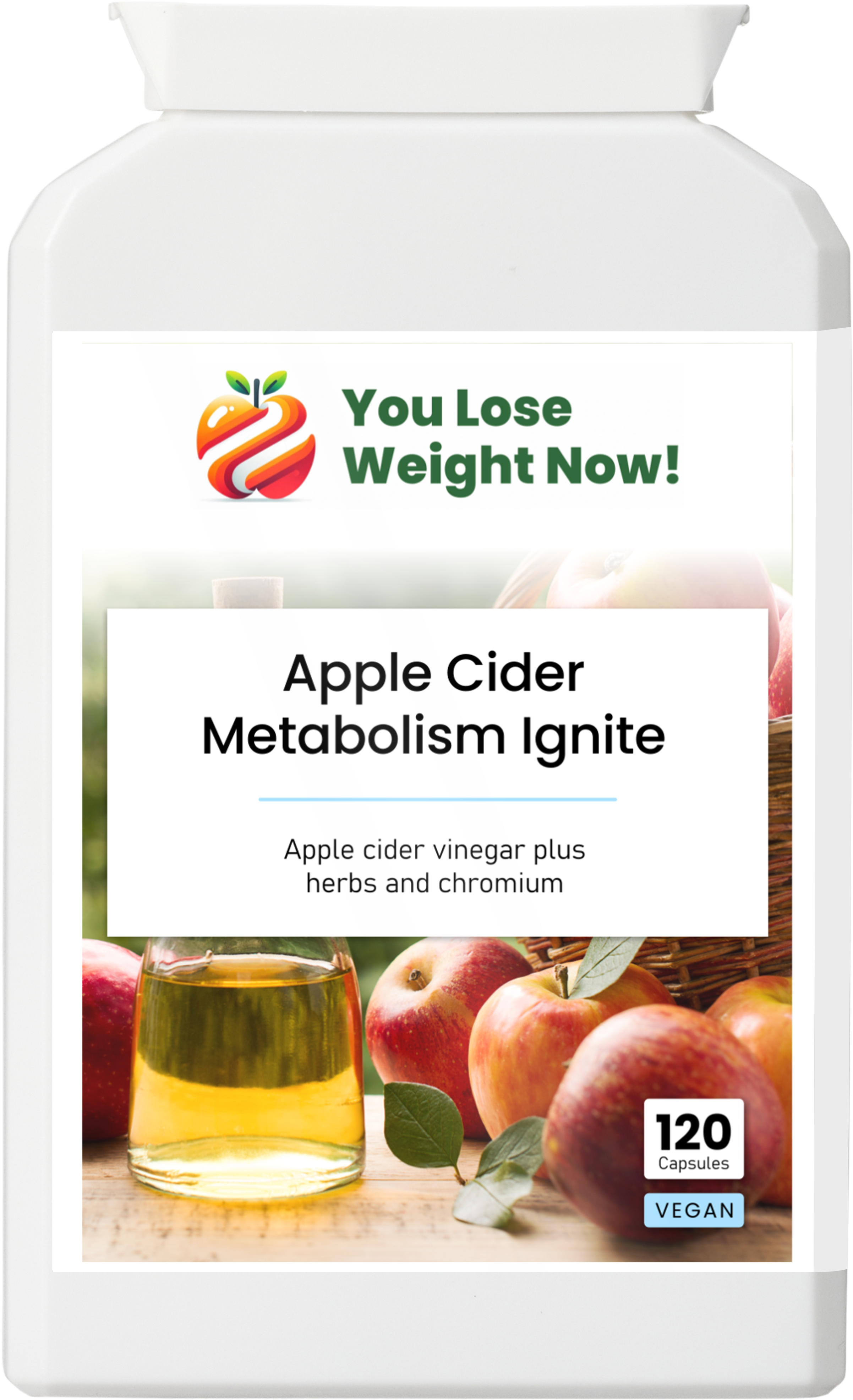Apple Cider Metabolism Ignite — YouLoseWeightNow! flat pot clean front render on white background, label showing apple cider vinegar plus herbs and chromium, 120 vegan capsules.