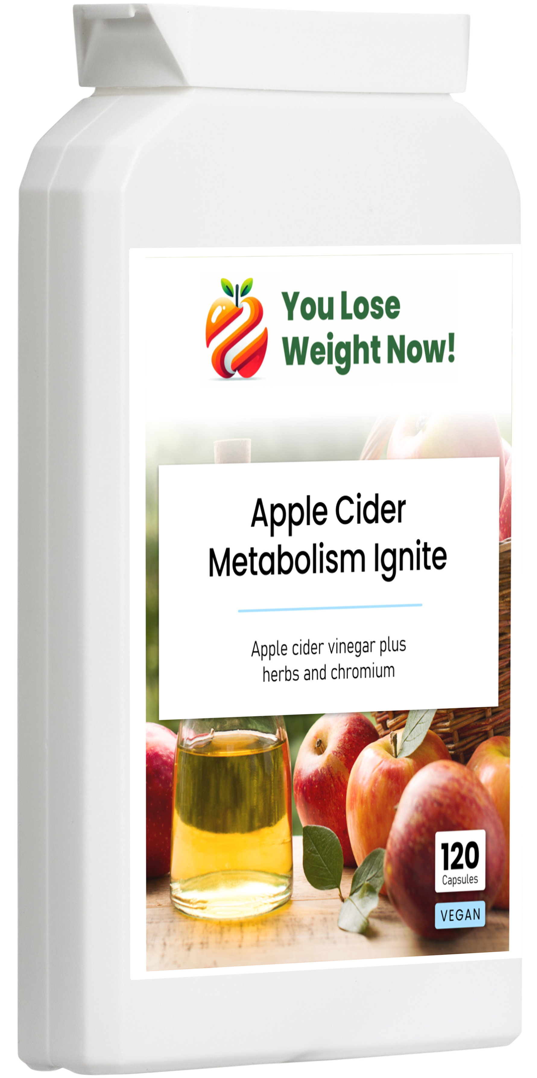 Apple Cider Metabolism Ignite — YouLoseWeightNow! flat pot side render, right side view showing slim letterbox-friendly flat pot design, 120 vegan capsules.