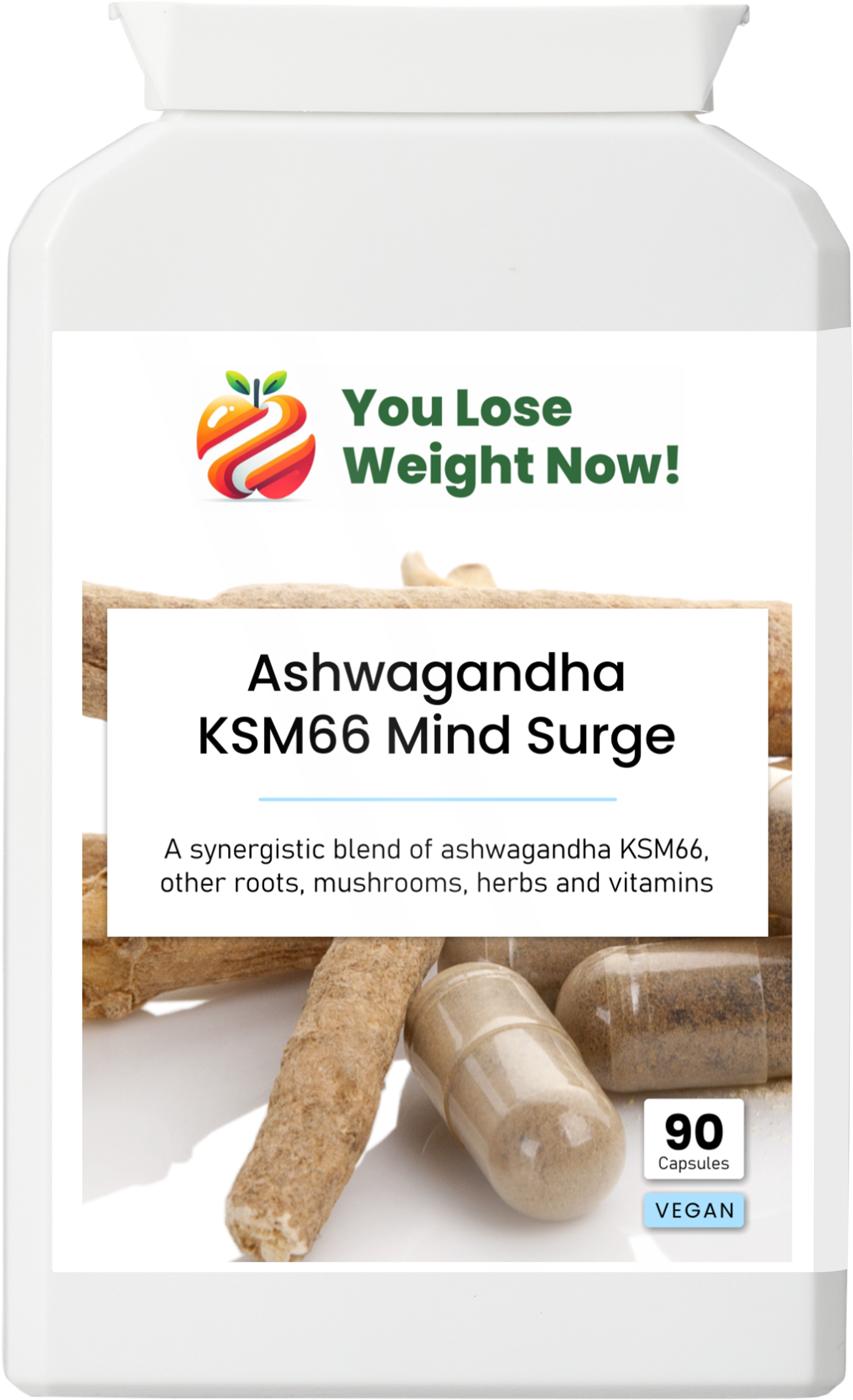 Ashwagandha KSM66 Mind Surge — front label close-up showing KSM66 ashwagandha and adaptogenic complex