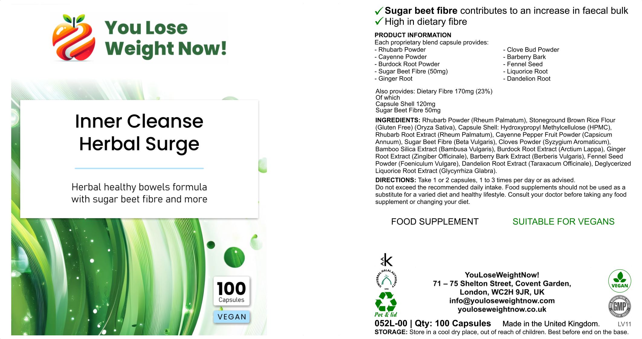 YouLoseWeightNow! Colon Cleanse Herbal Surge 052L-00 flat pot — front label, 10-herb colonics complex with sugar beet fibre, 100 capsules, vegan, UK-made