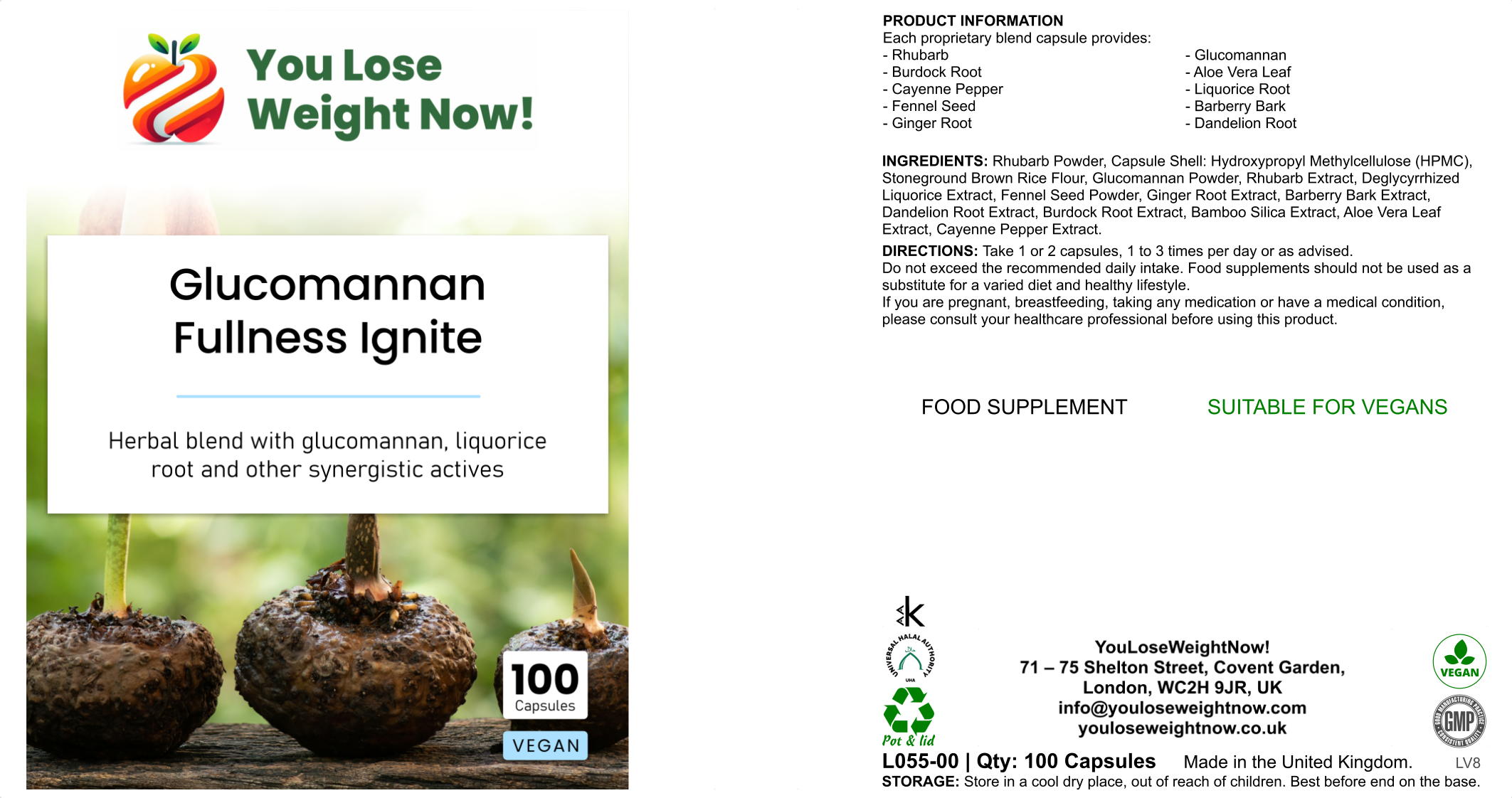 YouLoseWeightNow! Glucomannan Fullness Ignite flat pot — front label, 10-herb Inner Purity Blend with glucomannan fibre, 100 capsules, vegan, UK-made
