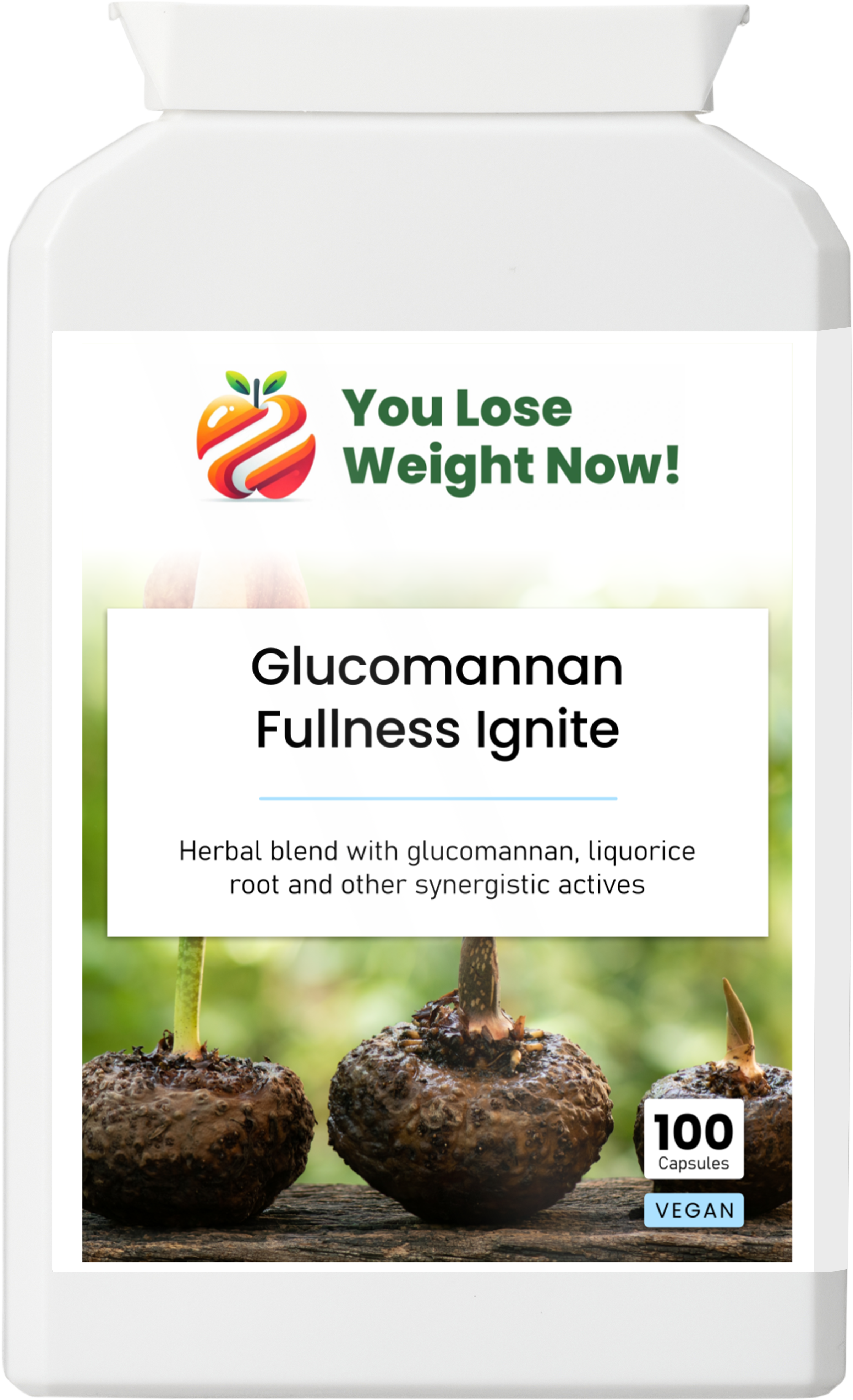 YouLoseWeightNow! Glucomannan Fullness Ignite flat pot — front label close-up, 10-herb colonics complex with EFSA-approved glucomannan fibre. Made in the UK.