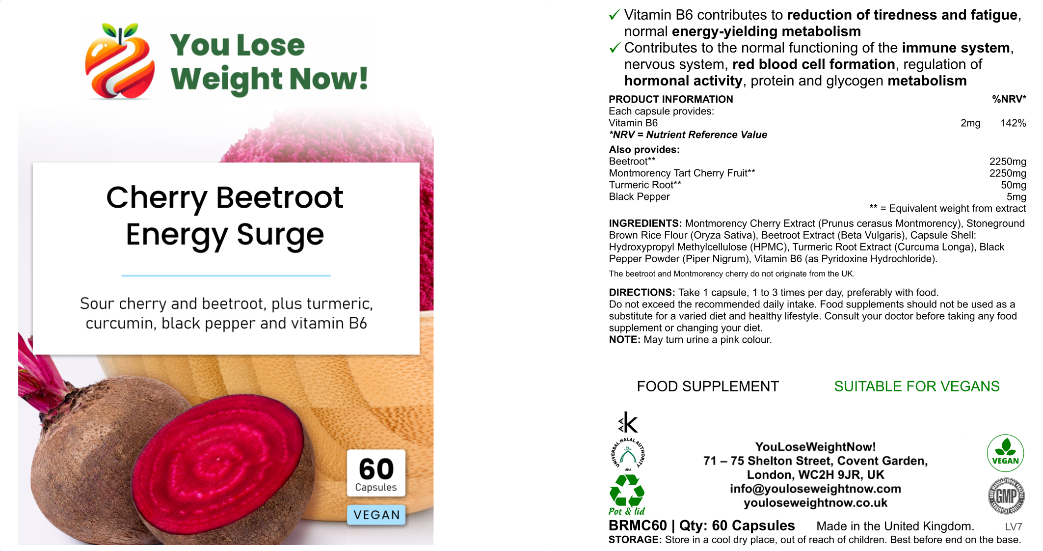 YouLoseWeightNow! Cherry Beetroot Energy Surge — 4500mg Montmorency Cherry & Beetroot complex, 60 vegan capsules, UK-made flat pot