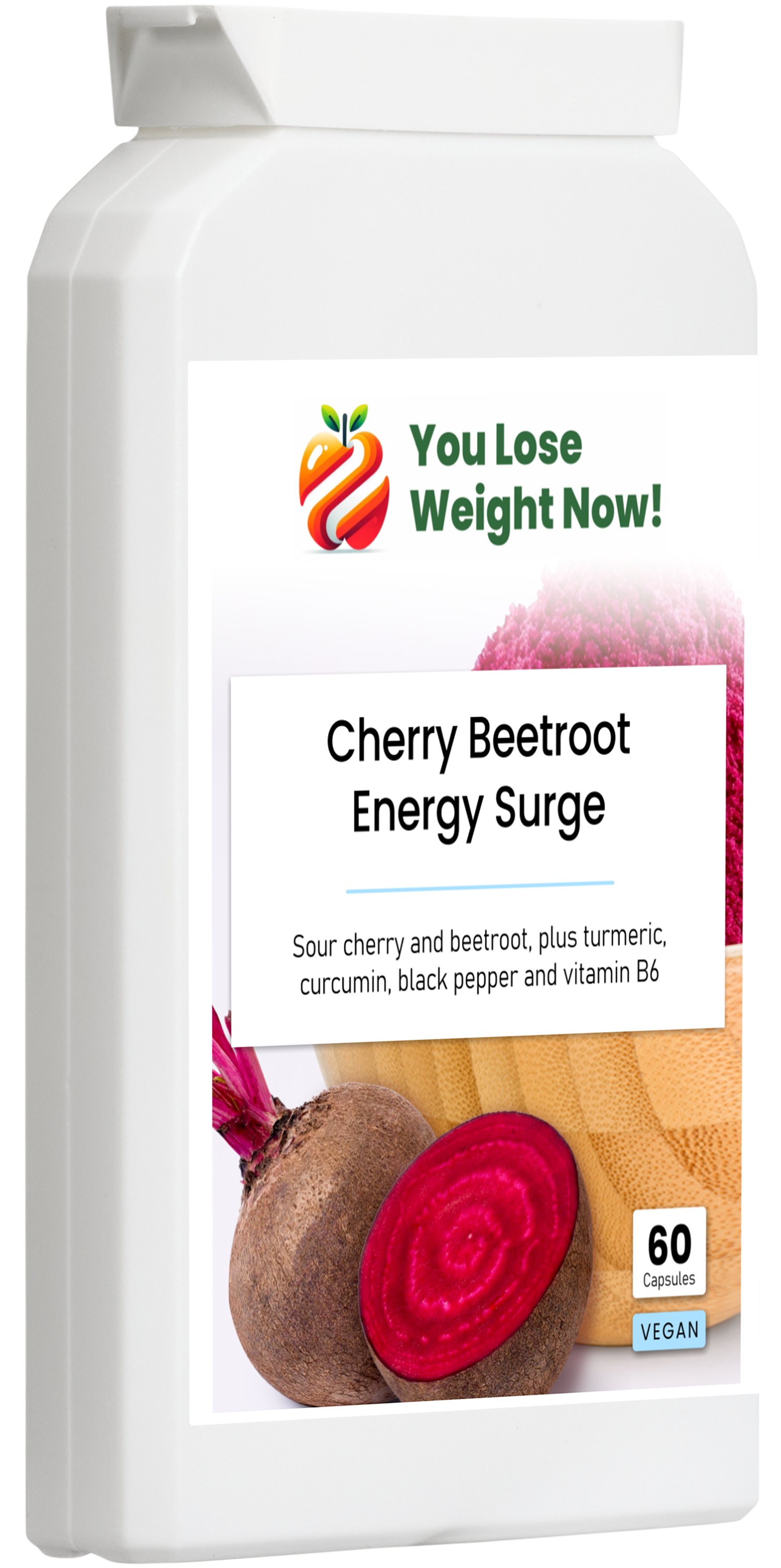 YouLoseWeightNow! Cherry Beetroot Energy Surge flat pot side profile — ultra-slim letterbox-friendly packaging, UK-made