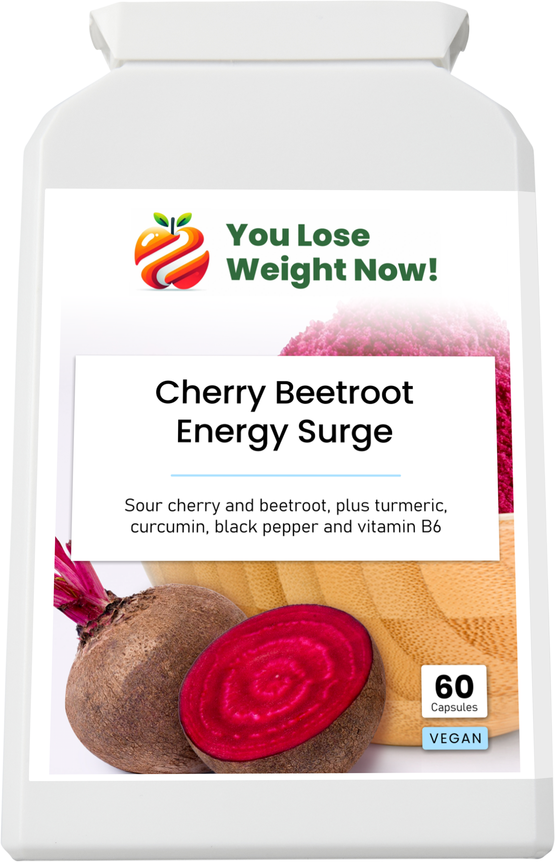 YouLoseWeightNow! Cherry Beetroot Energy Surge flat pot front view — 4500mg Beetroot & Montmorency Cherry, Vitamin B6, vegan approved
