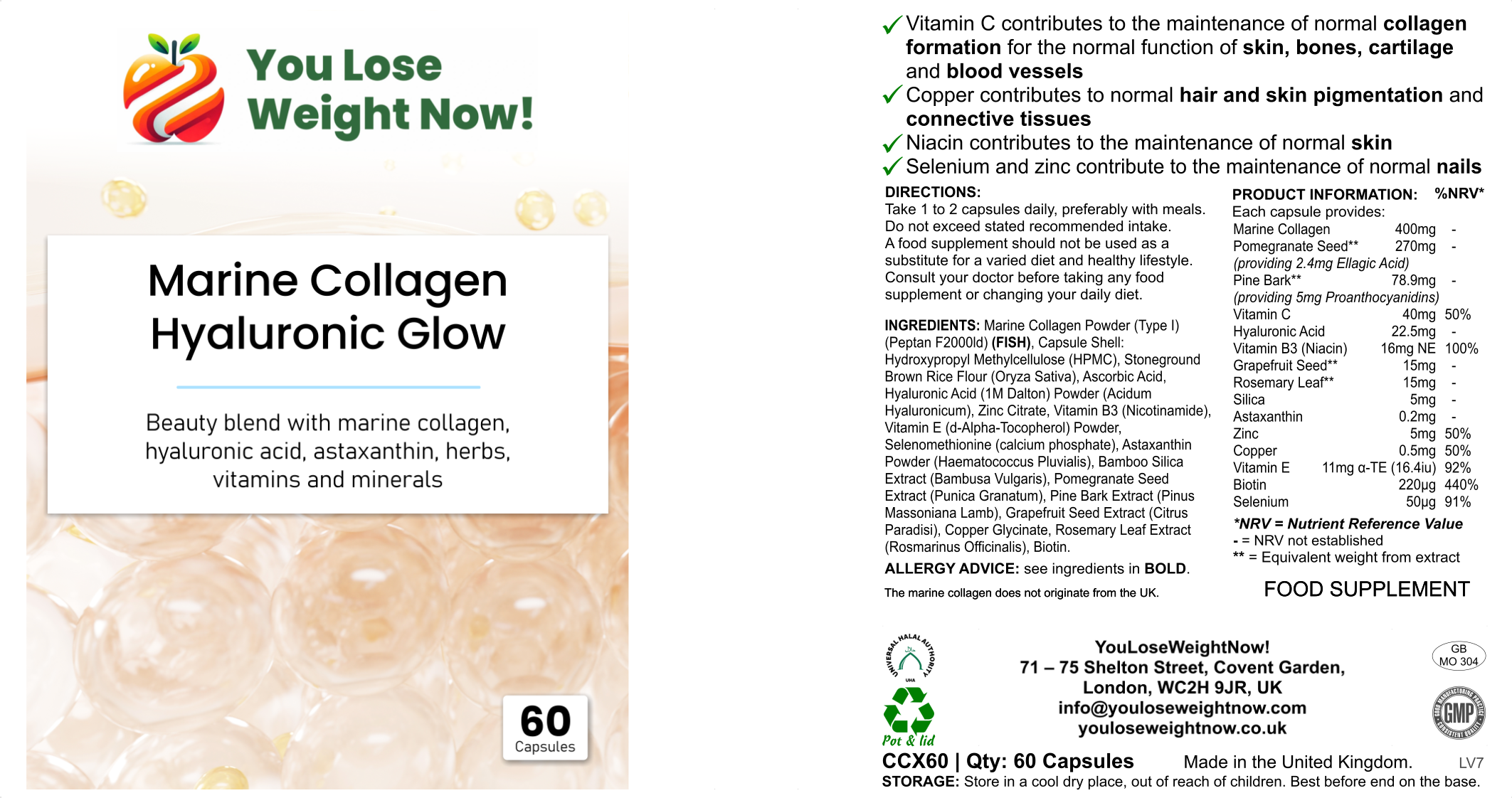 YouLoseWeightNow! Marine Collagen Hyaluronic Glow flat pot — front label, 400mg marine collagen with hyaluronic acid, skin hair and nails beauty complex, 60 capsules, UK-made