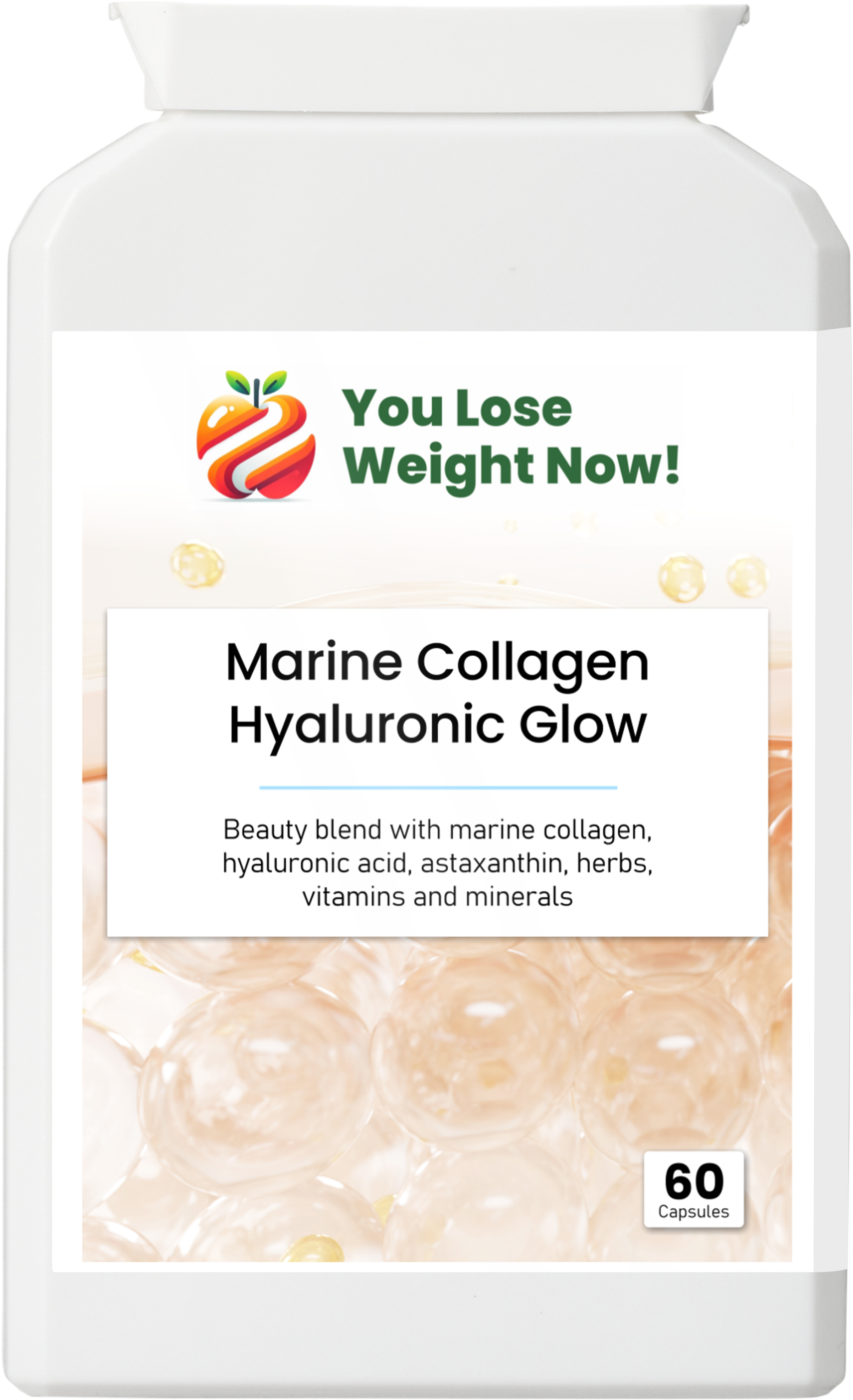 YouLoseWeightNow! Marine Collagen Hyaluronic Glow flat pot front angle — East Asian woman in bright morning kitchen with fresh flowers, letterbox-friendly flat pot design, UK-made