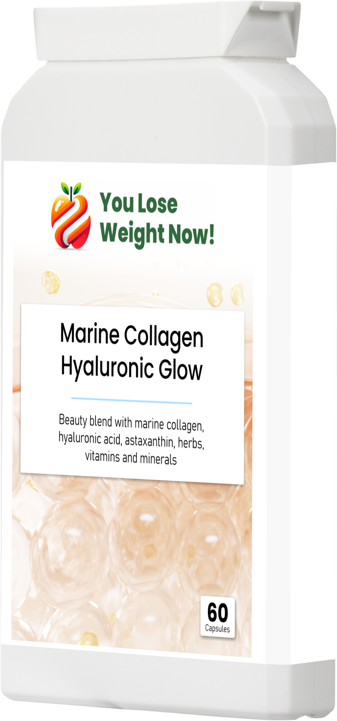 YouLoseWeightNow! Marine Collagen Hyaluronic Glow flat pot left side profile — ultra-slim design fits through standard UK letterbox, premium beauty supplement