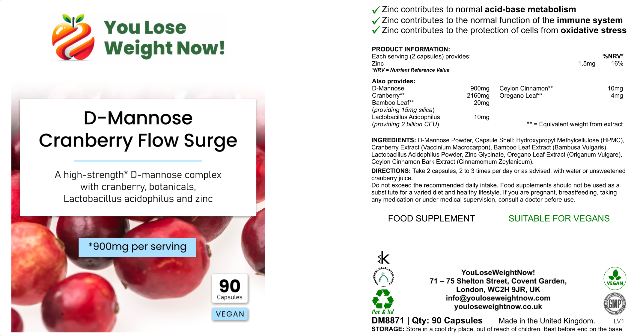 D-Mannose Cranberry Flow Surge 90 capsules flat pot — YouLoseWeightNow! UTI support supplement UK