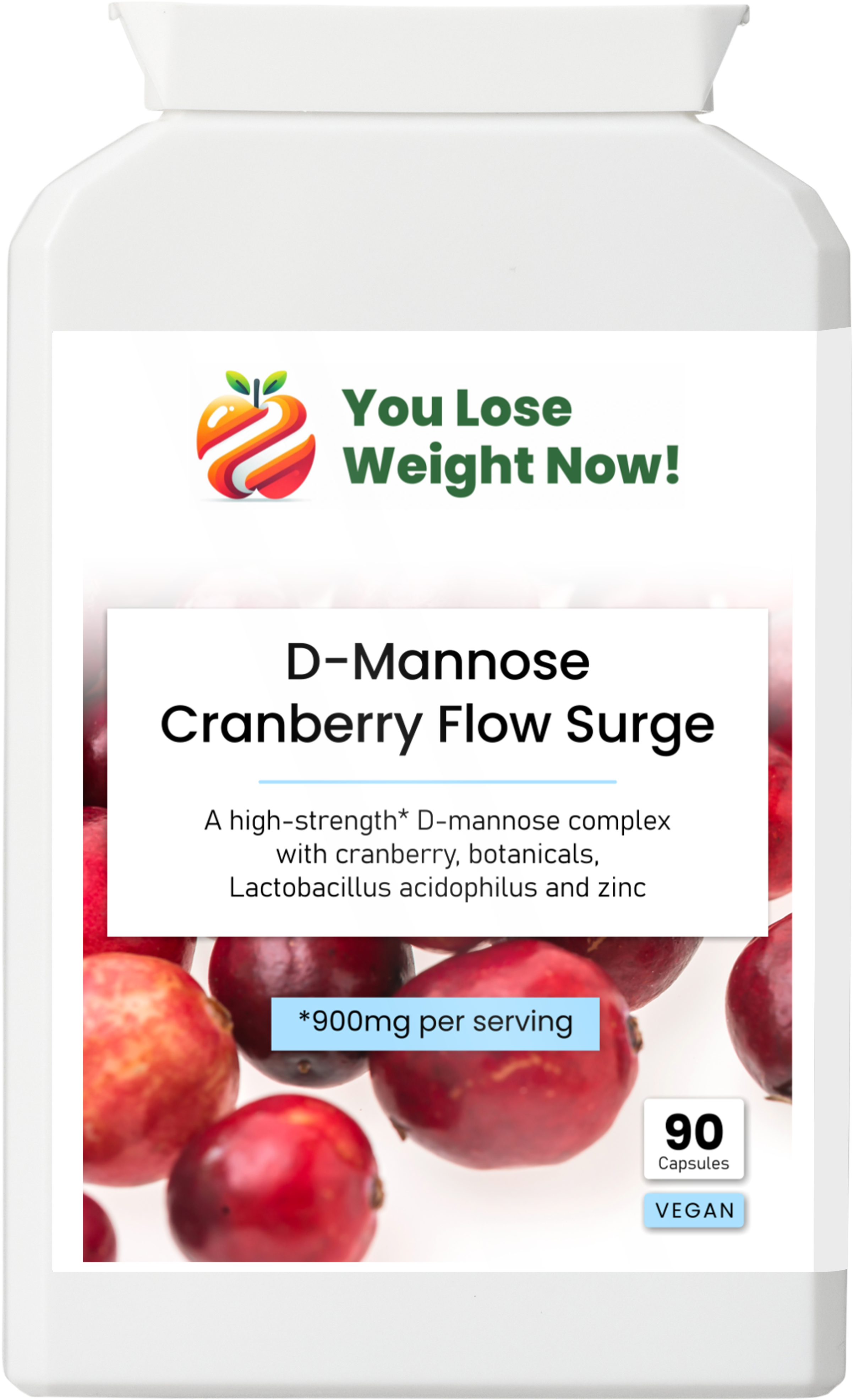 D-Mannose Cranberry Flow Surge flat pot front label — 90 vegan capsules — YouLoseWeightNow!
