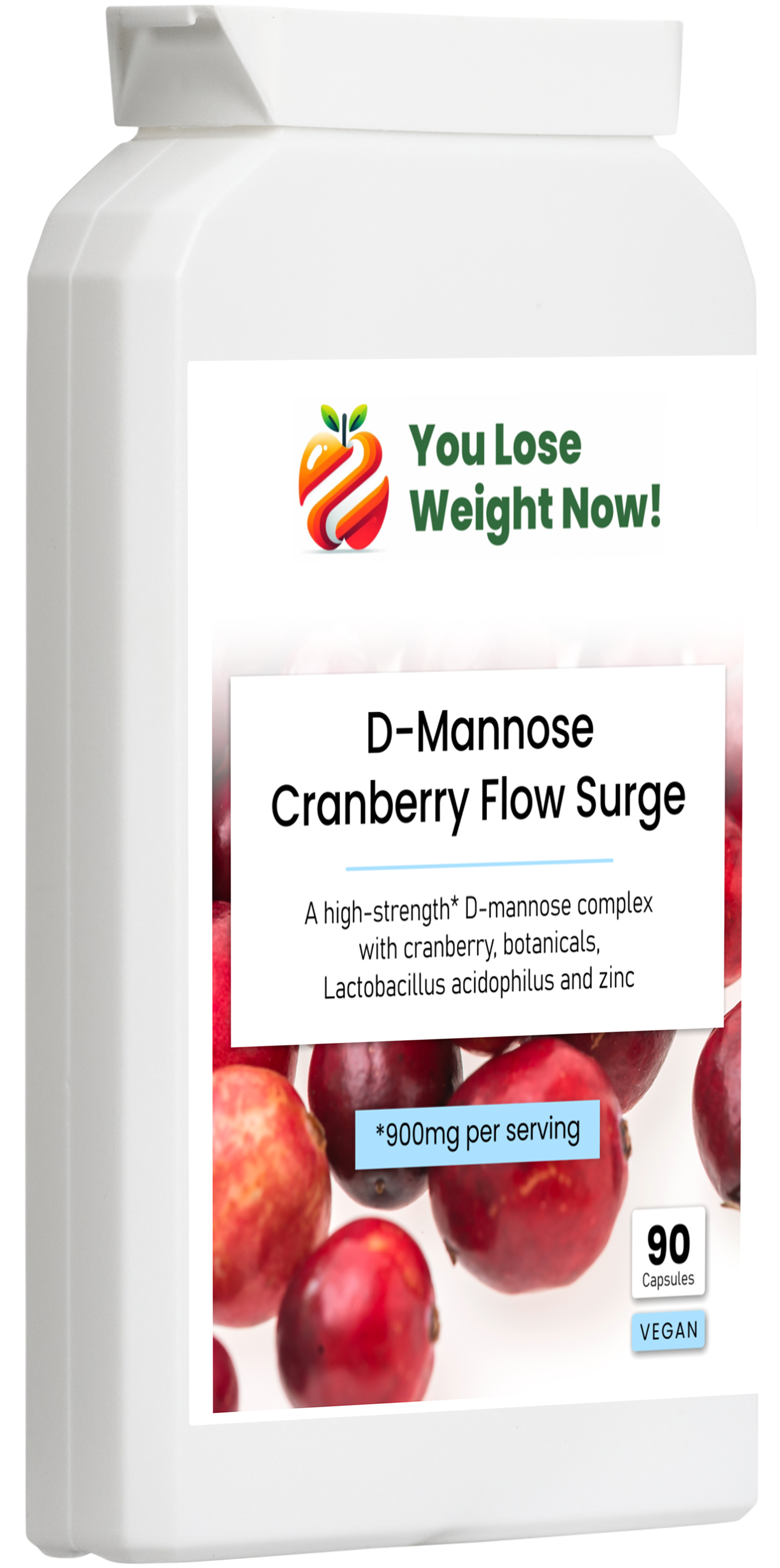 D-Mannose Cranberry Flow Surge flat pot side view — letterbox friendly supplement — YouLoseWeightNow!