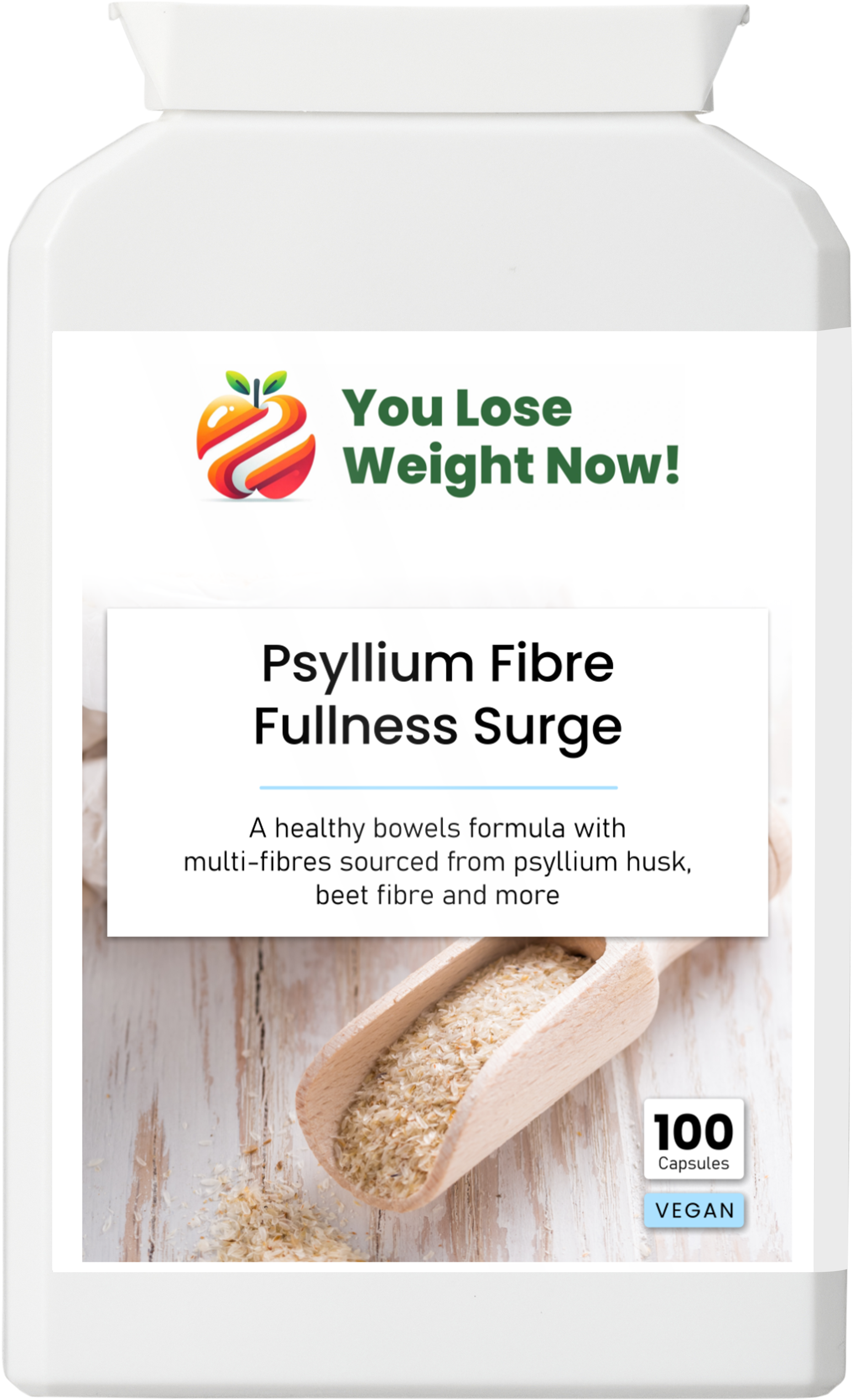 Psyllium Fibre Fullness Surge by YouLoseWeightNow! — front label close-up showing product name and key claims