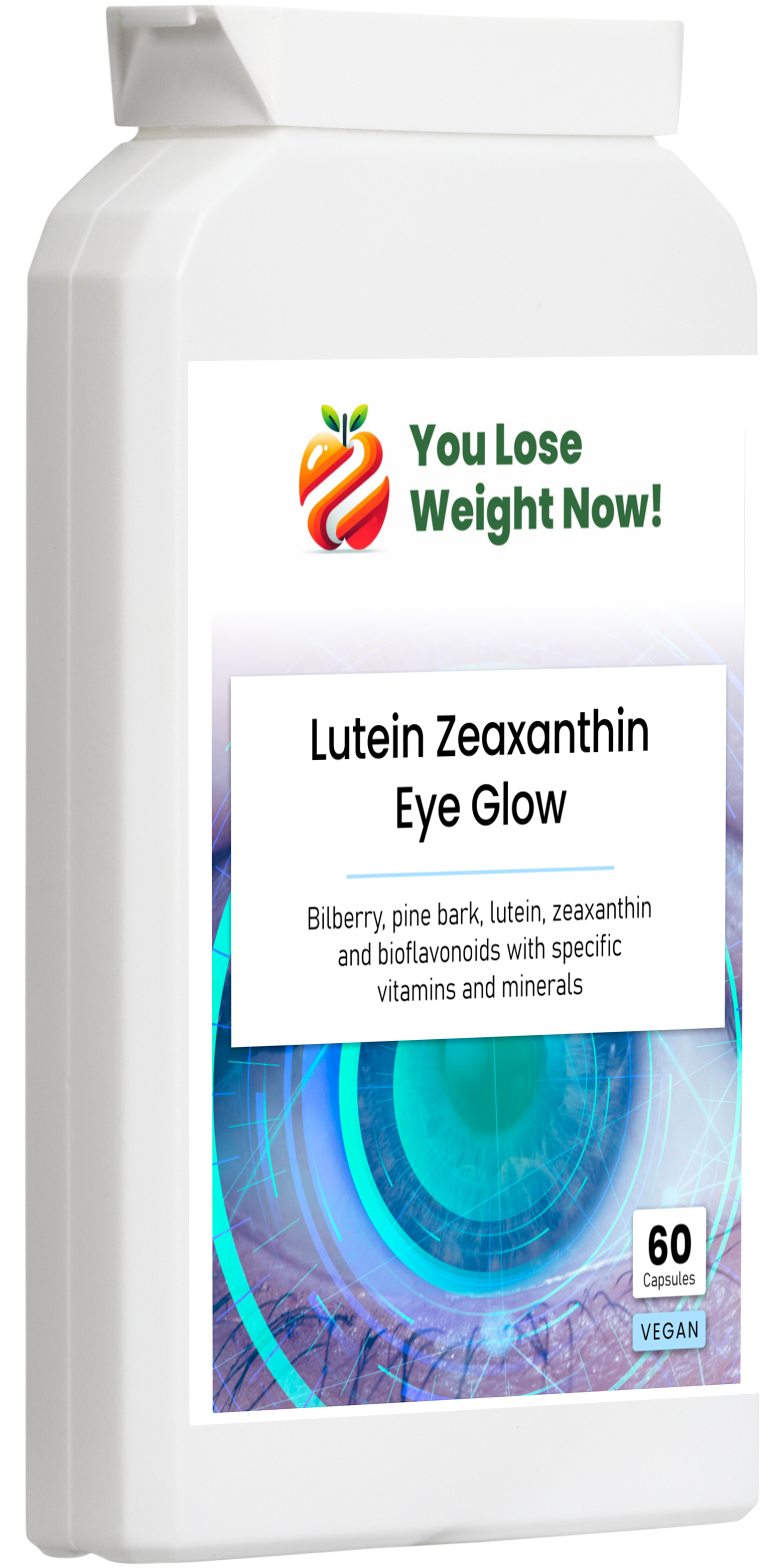 Lutein Zeaxanthin Eye Glow supplement tub — right side view showing pot format and label detail