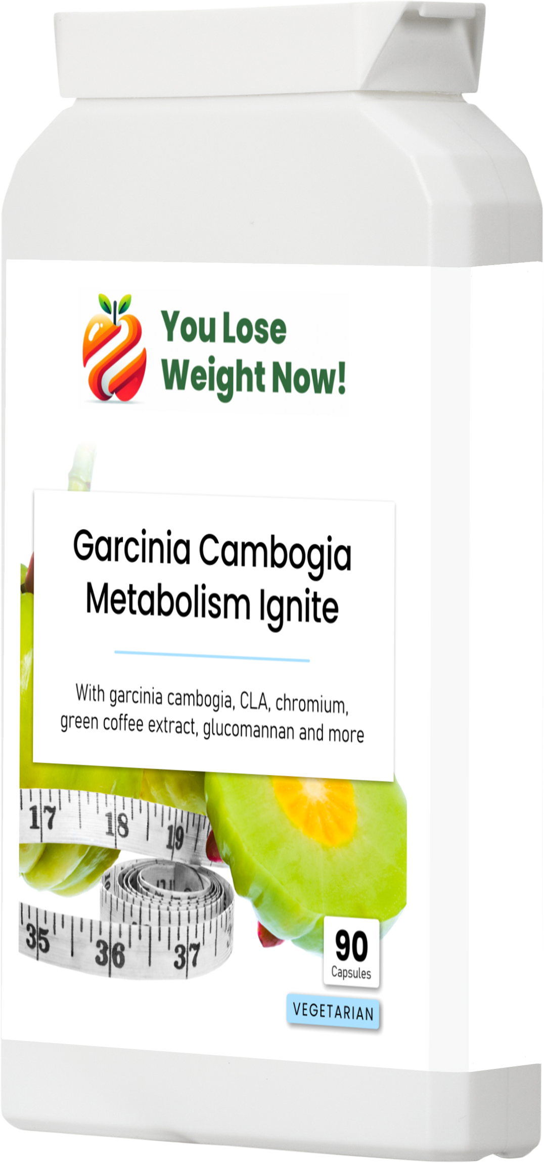  Garcinia Cambogia Metabolism Ignite supplement pot — left side angle view showing letterbox friendly flat pot format and YouLoseWeightNow! branding