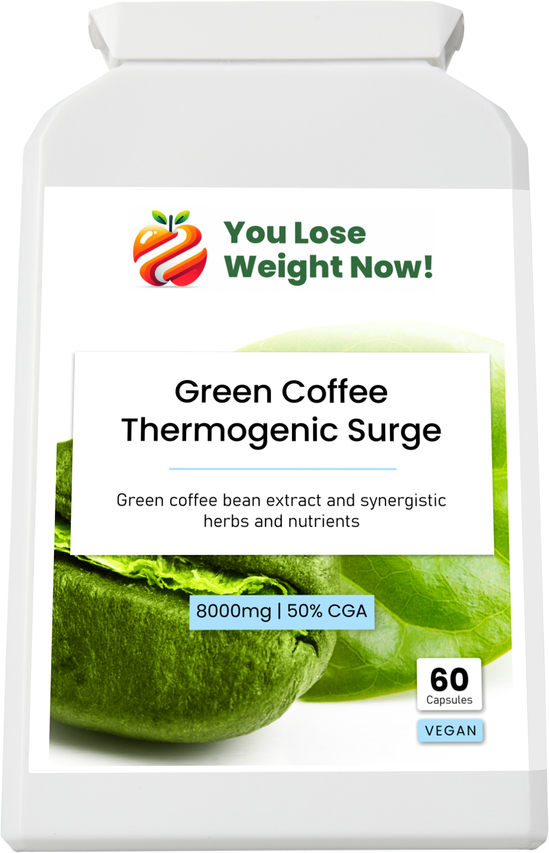 Green Coffee Thermogenic Surge supplement pot – front label view, YouLoseWeightNow!