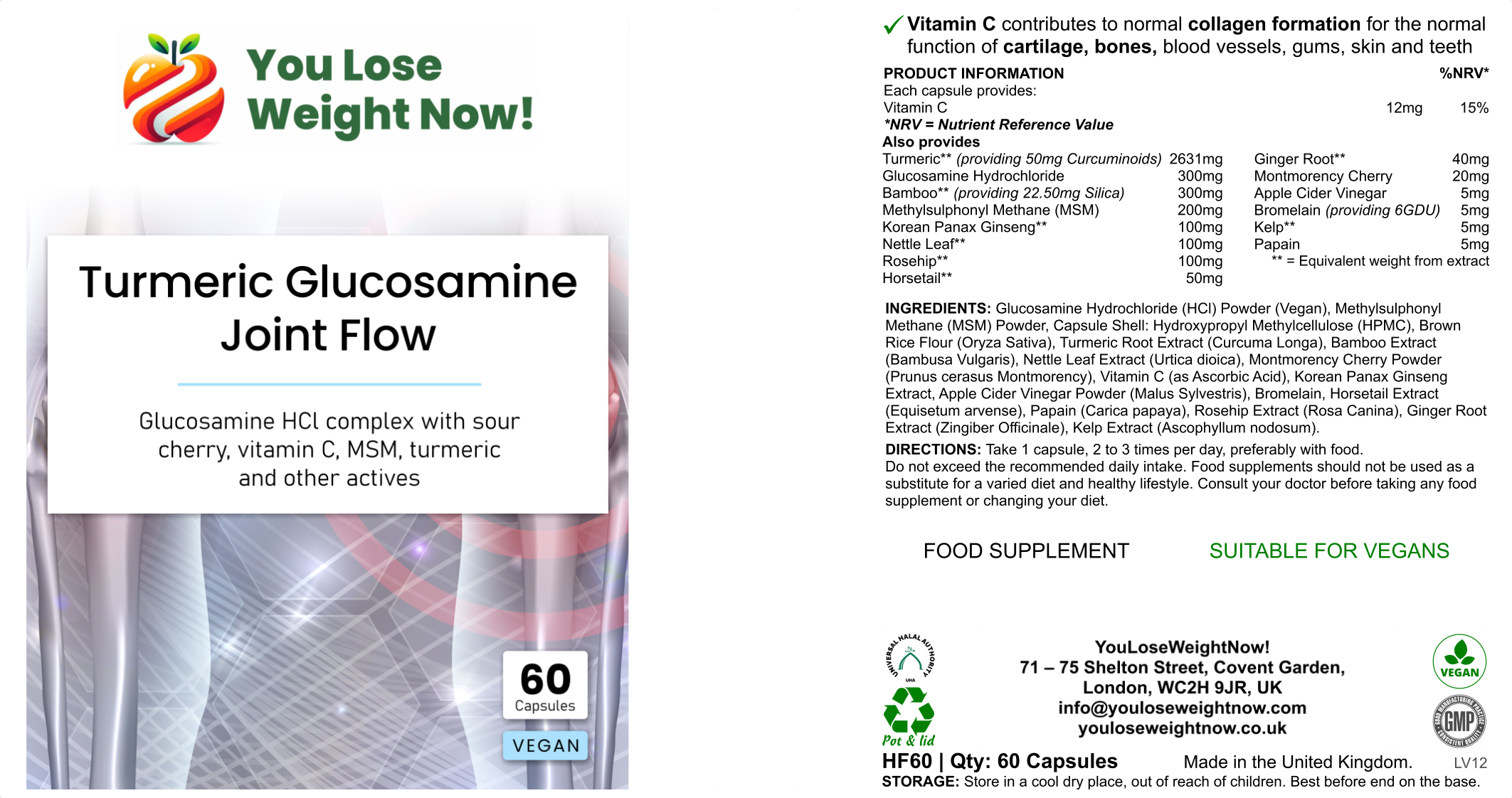 YouLoseWeightNow! Turmeric Glucosamine Joint Flow 60 capsule flat pot — front three-panel render