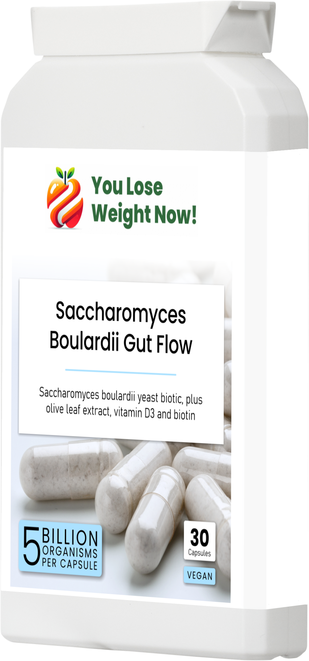 YouLoseWeightNow! Saccharomyces Boulardii Gut Flow — side render of flat supplement pot