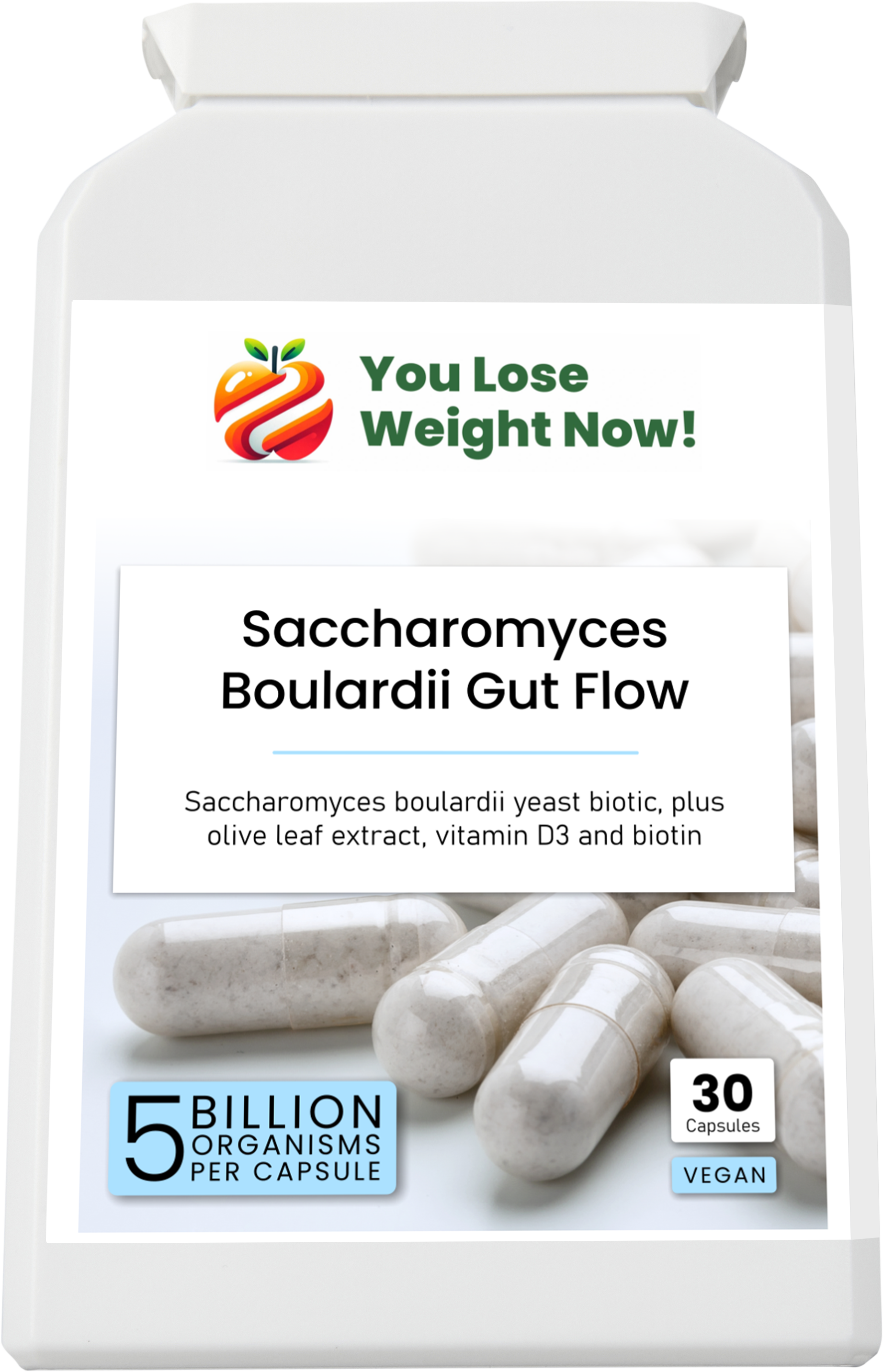YouLoseWeightNow! Saccharomyces Boulardii Gut Flow — hero three-panel wide render showing front, side and reverse of the flat supplement pot