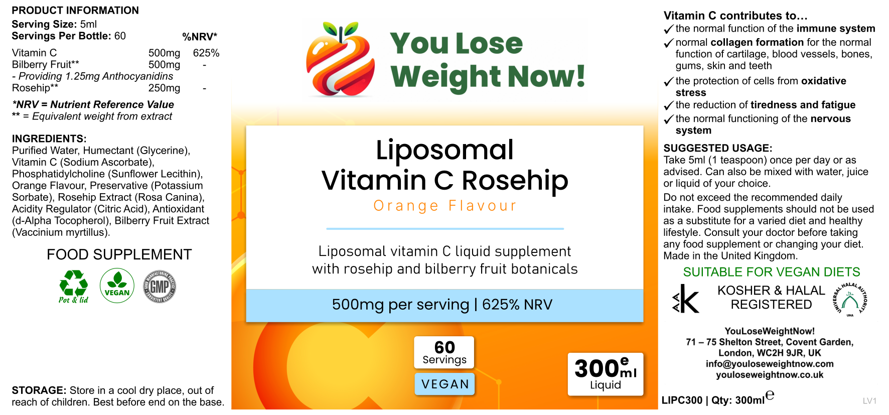 YouLoseWeightNow! Liposomal Vitamin C Rosehip Surge — hero front render of amber bottle, label facing forward, clean white background