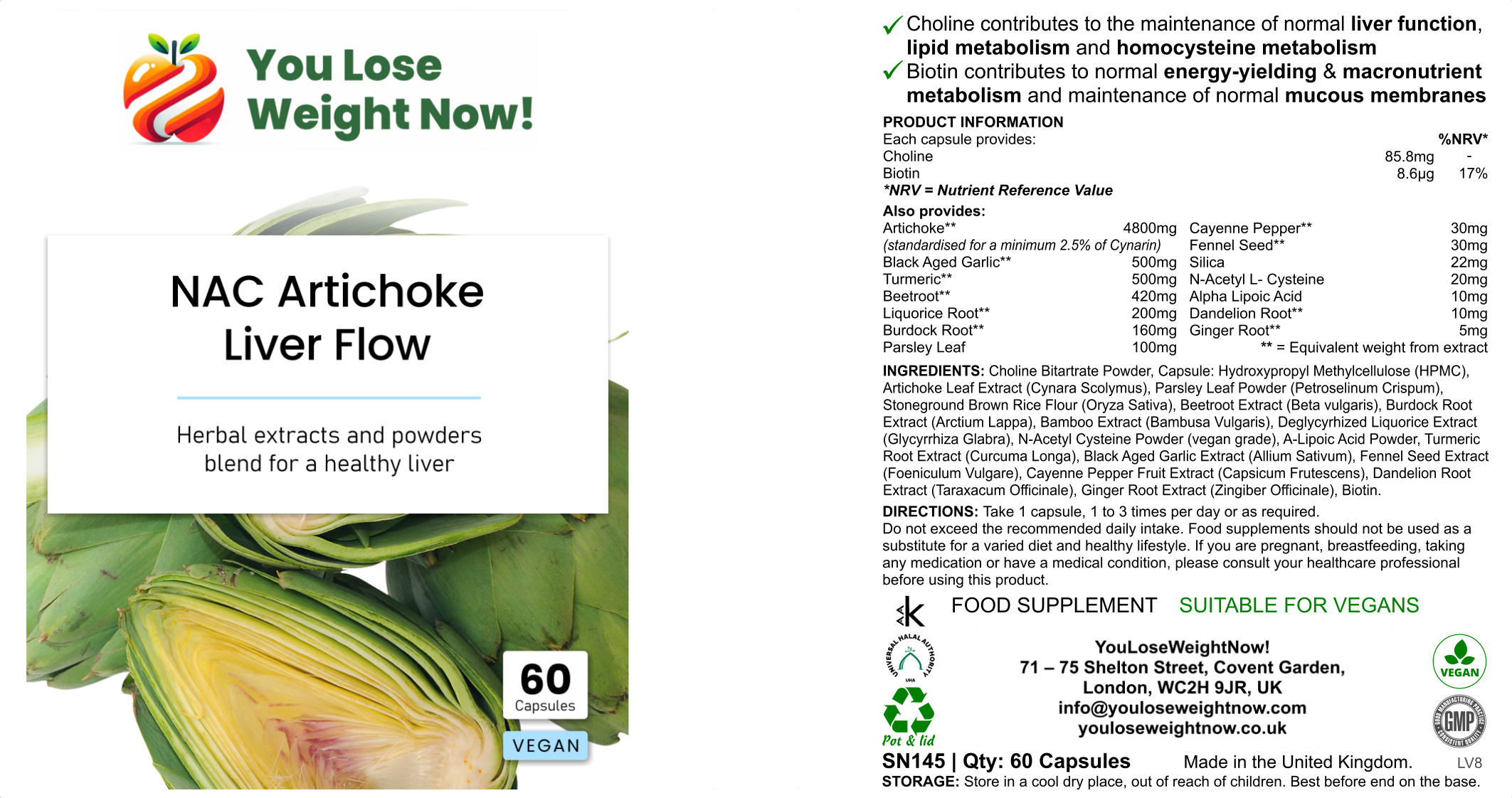 NAC Artichoke Liver Flow flat supplement pot front render — YouLoseWeightNow! 15-ingredient liver support complex, 60 vegan capsules, UK-shipped