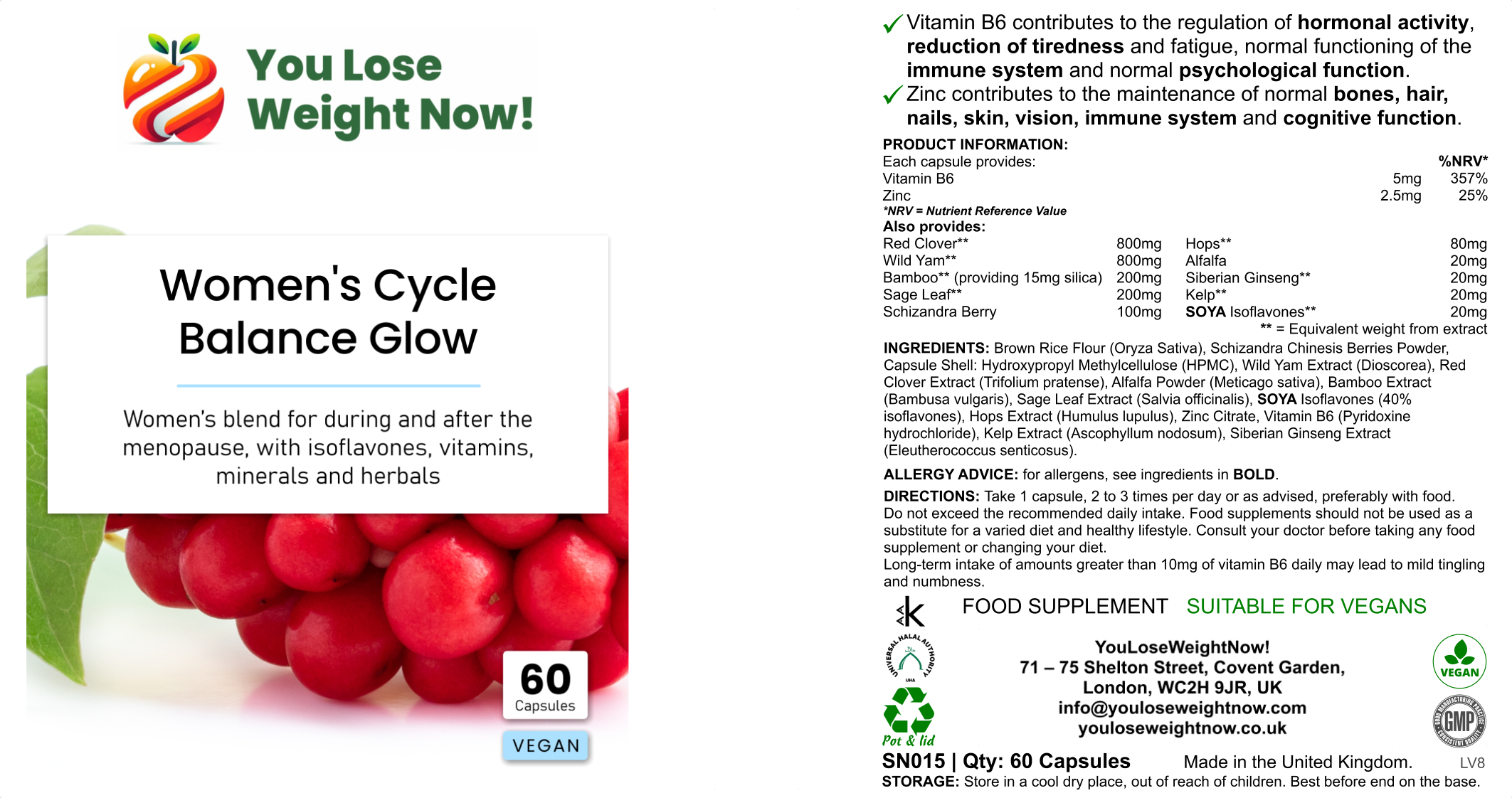 Women's Cycle Balance Glow by YouLoseWeightNow! — front render of a tiny flat supplement pot, large format three-quarter perspective view showing the product name, 60 vege caps, Vegan, Halal, Kosher and GMP certified