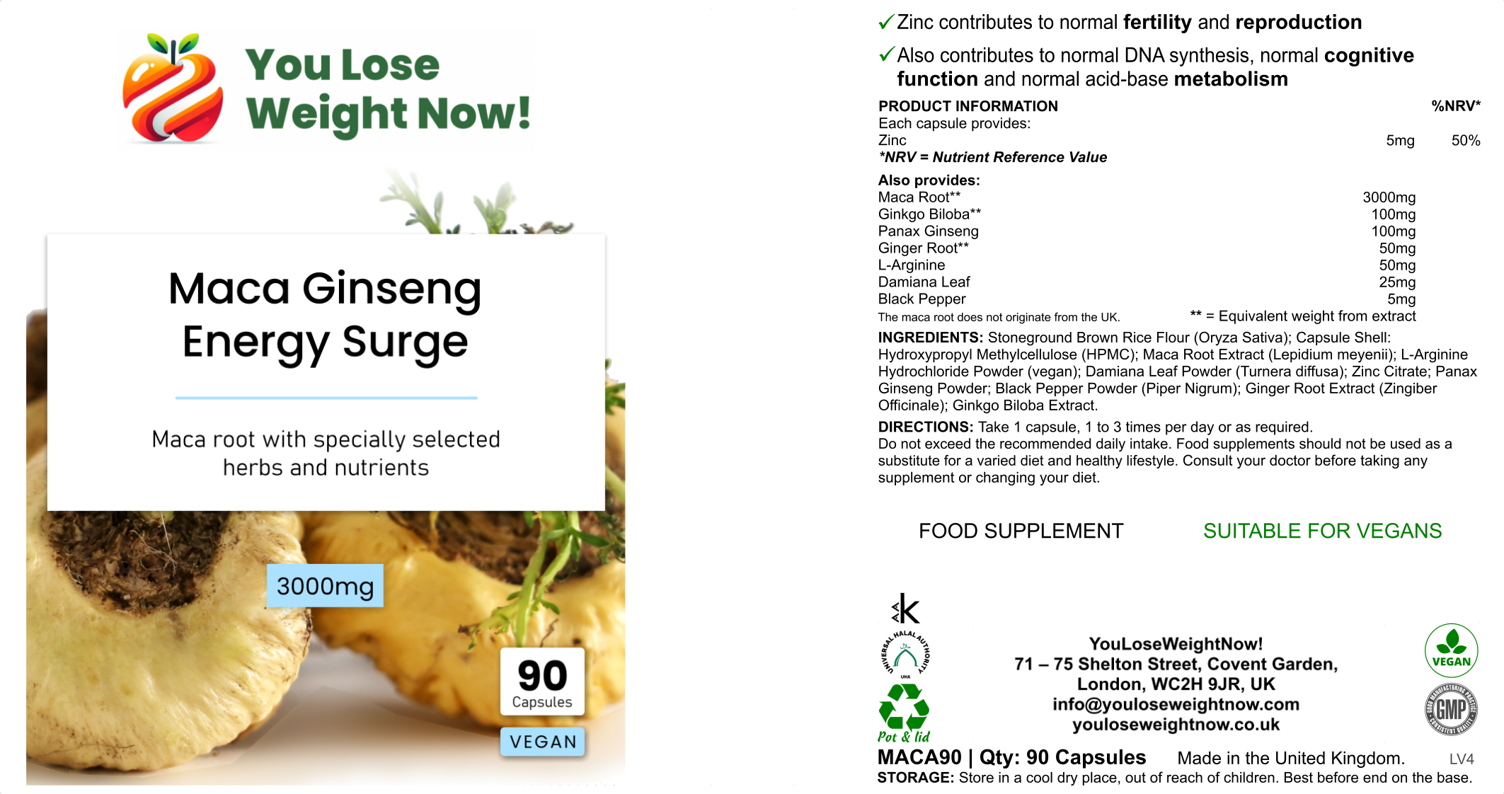 Maca Ginseng Energy Surge flat pot — front label view showing 3000mg maca complex, 90 vegan capsules, YouLoseWeightNow! branding
