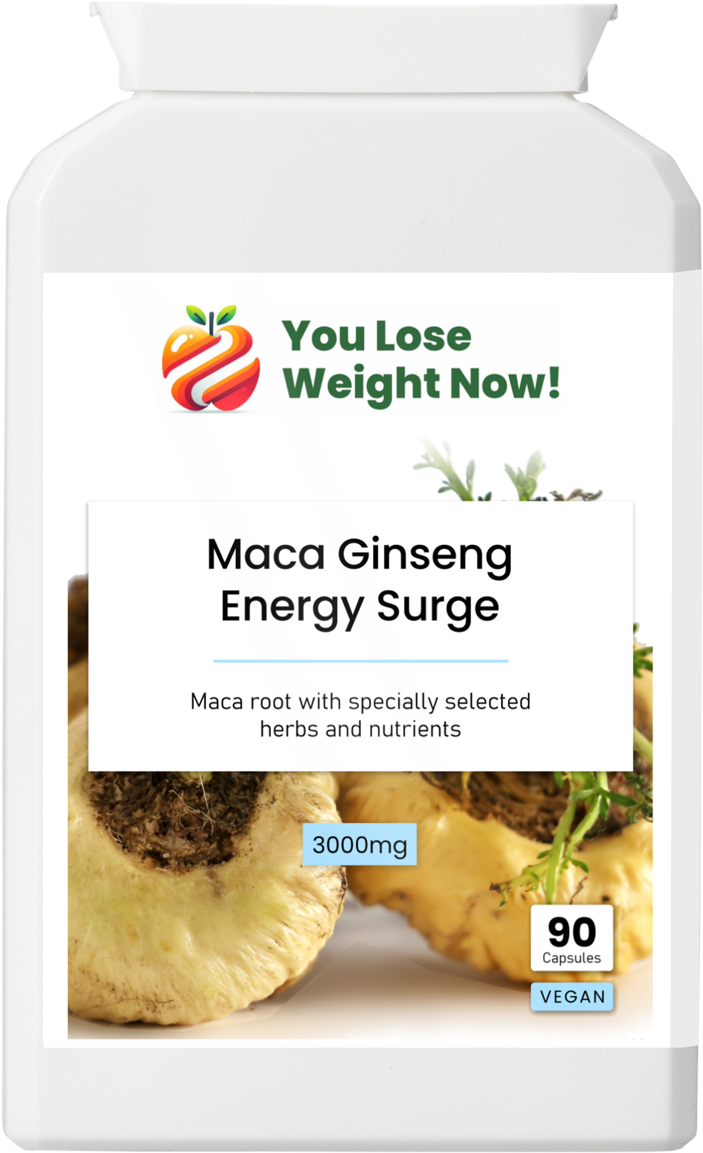Maca Ginseng Energy Surge flat pot — front render, clean white background, full label detail visible