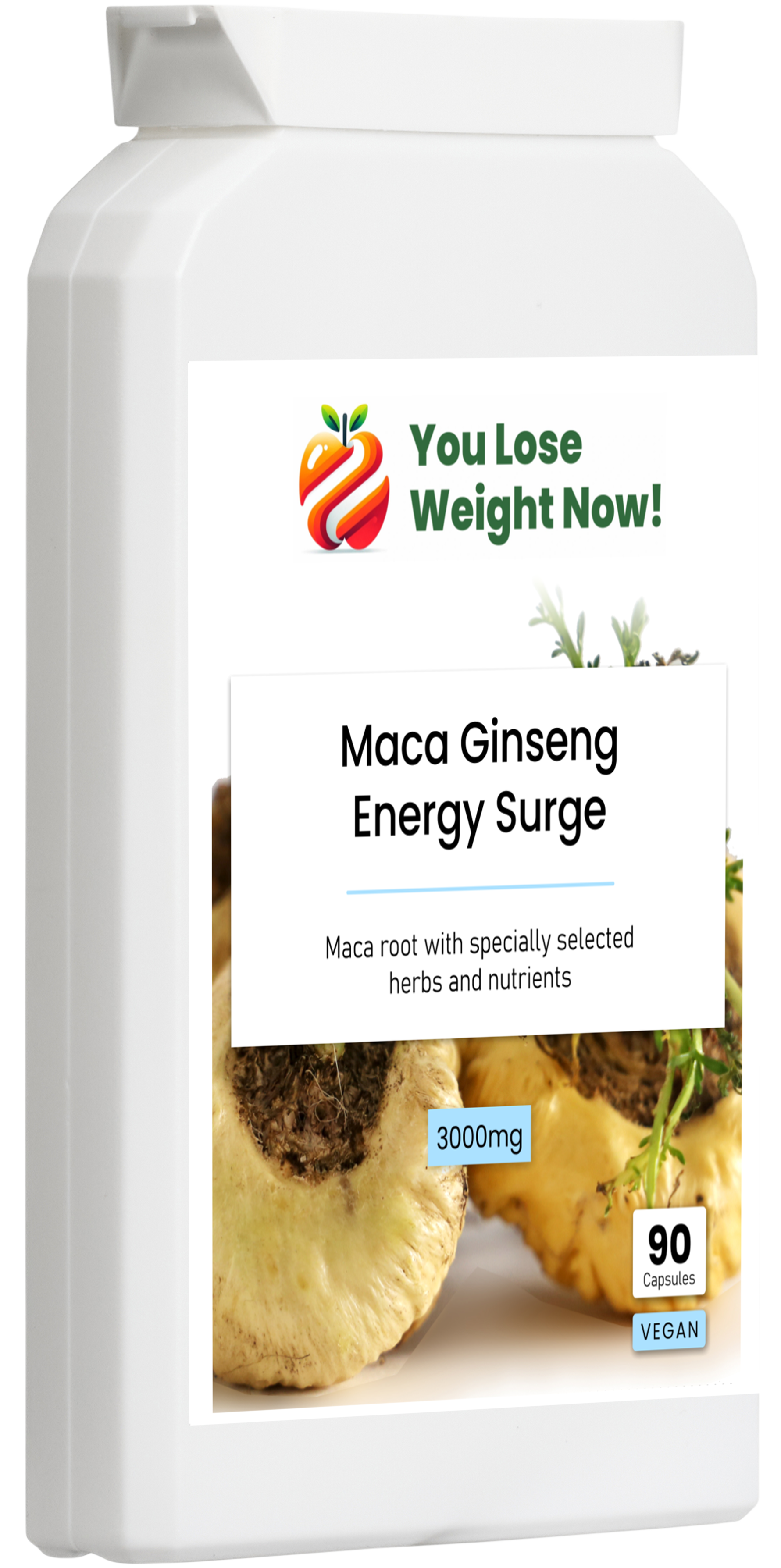 Maca Ginseng Energy Surge flat pot — right side angle render, clean white background