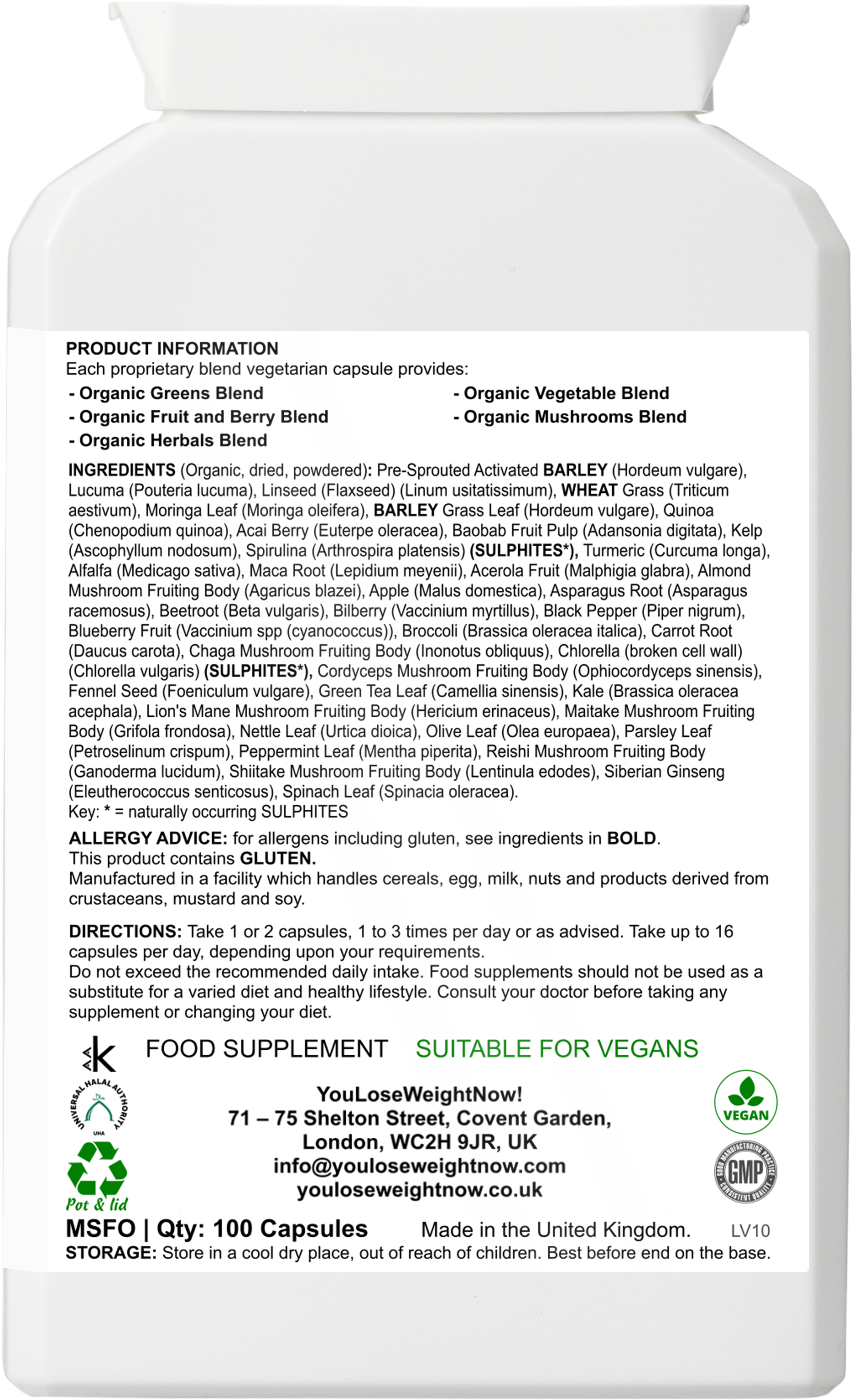 35 Greens Fruits Surge by YouLoseWeightNow! — back view of the flat pot showing supplement facts, ingredients and allergen information, clean white background.