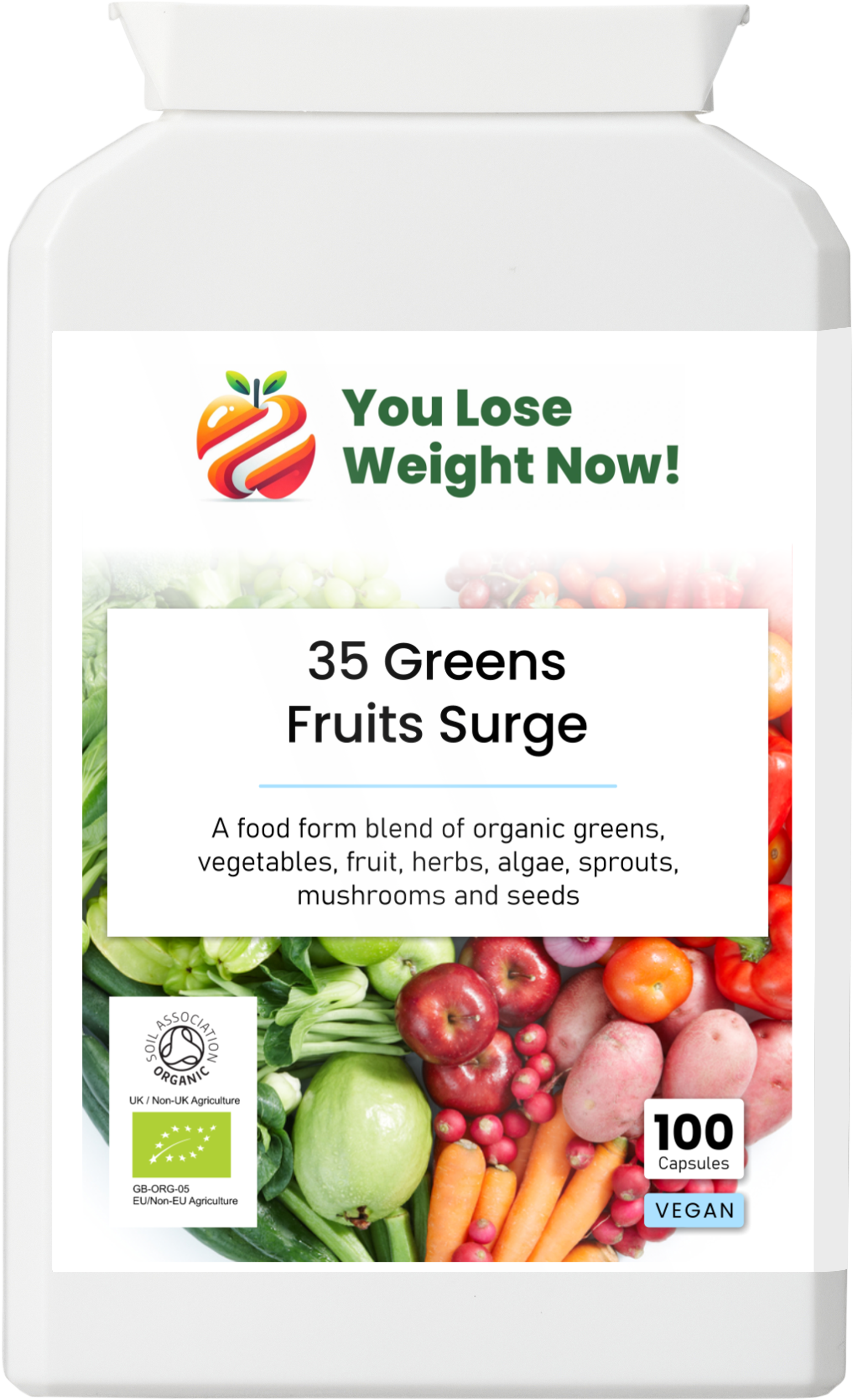 35 Greens Fruits Surge by YouLoseWeightNow! — front view of the flat pot showing the full product label, clean white background.