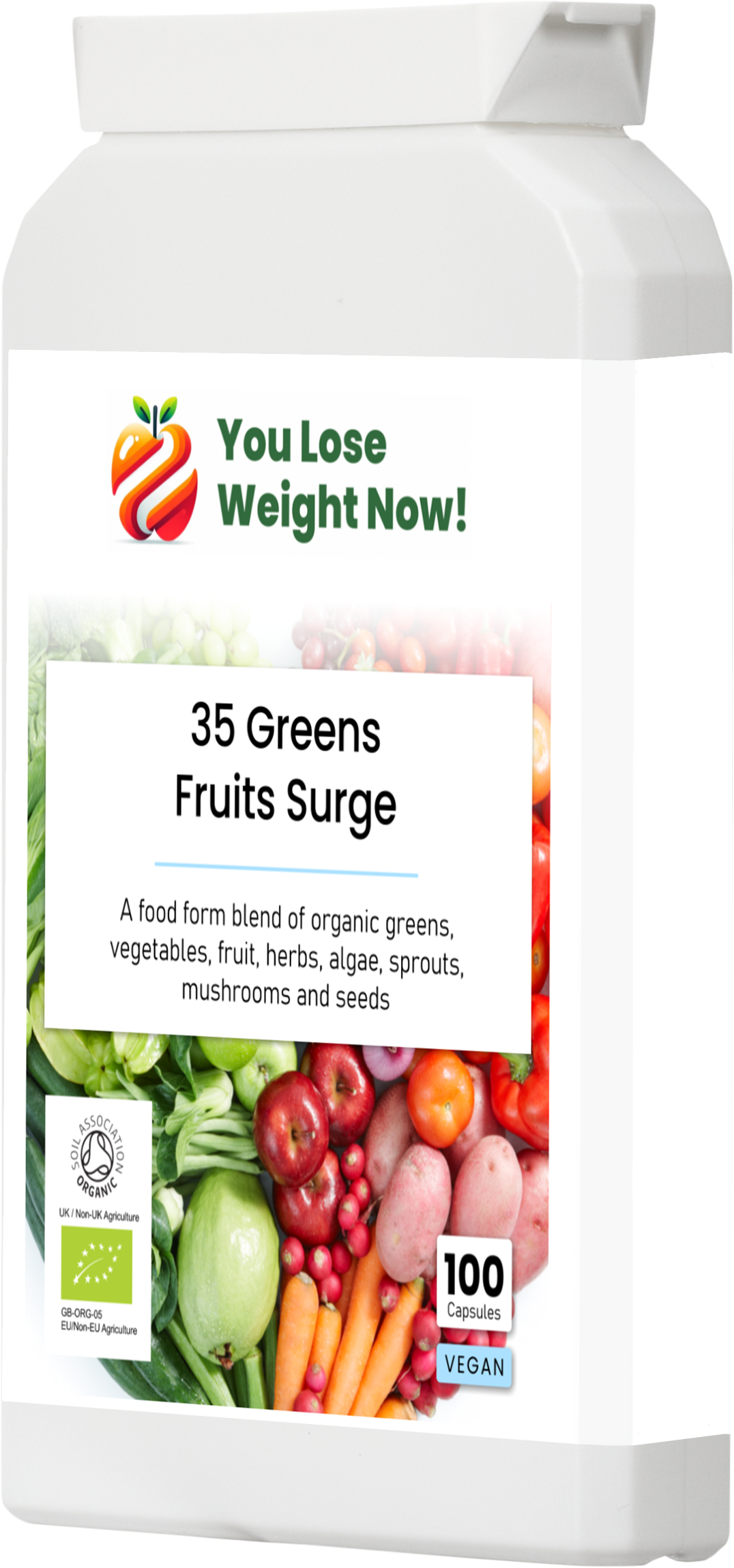 35 Greens Fruits Surge by YouLoseWeightNow! — three-panel render showing front, side and top views of the flat pot, displaying full product labelling and branding, clean white background.