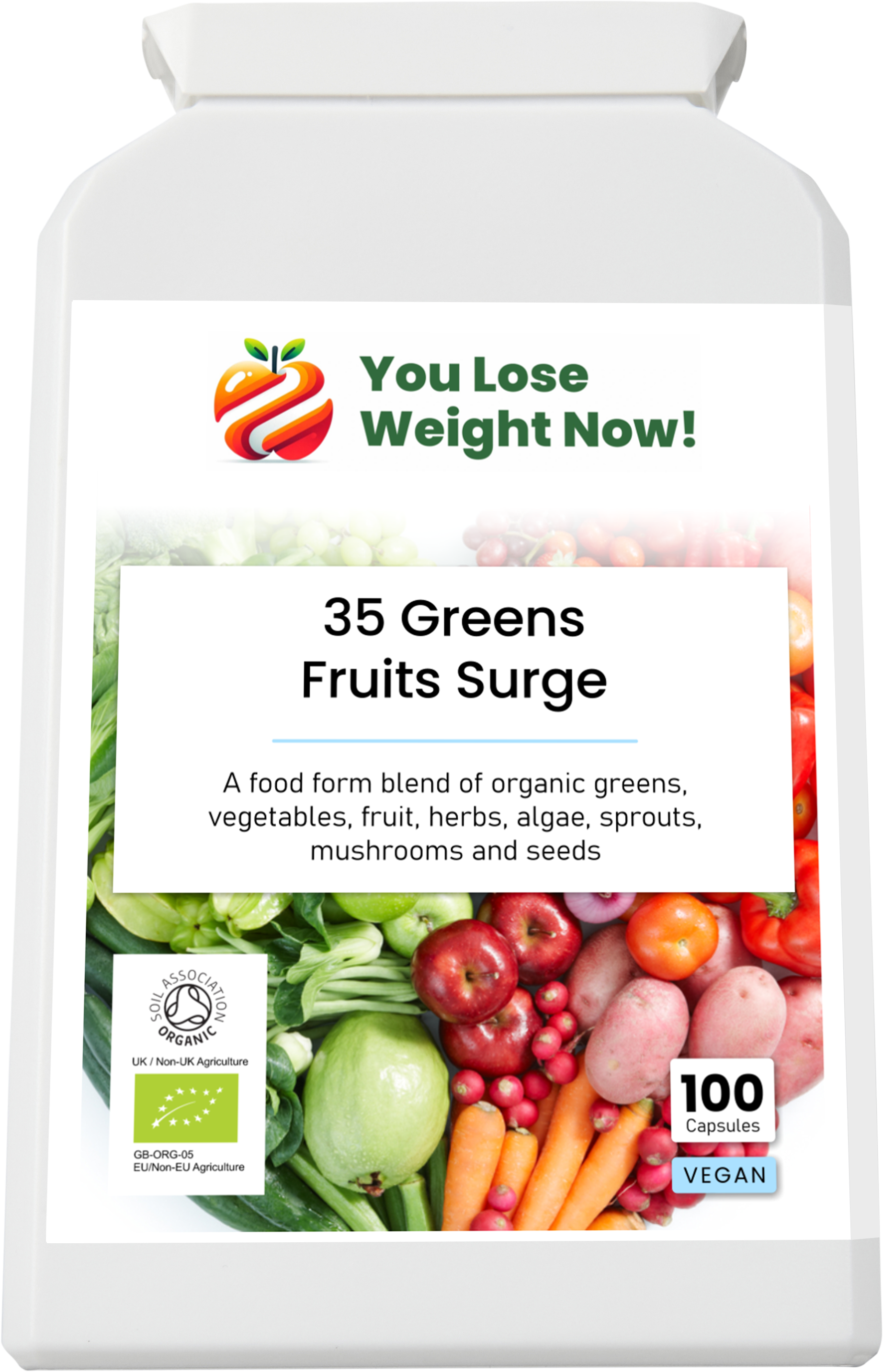 35 Greens Fruits Surge by YouLoseWeightNow! — top-down view of the flat pot lid showing the YouLoseWeightNow! branding and product name, clean white background.