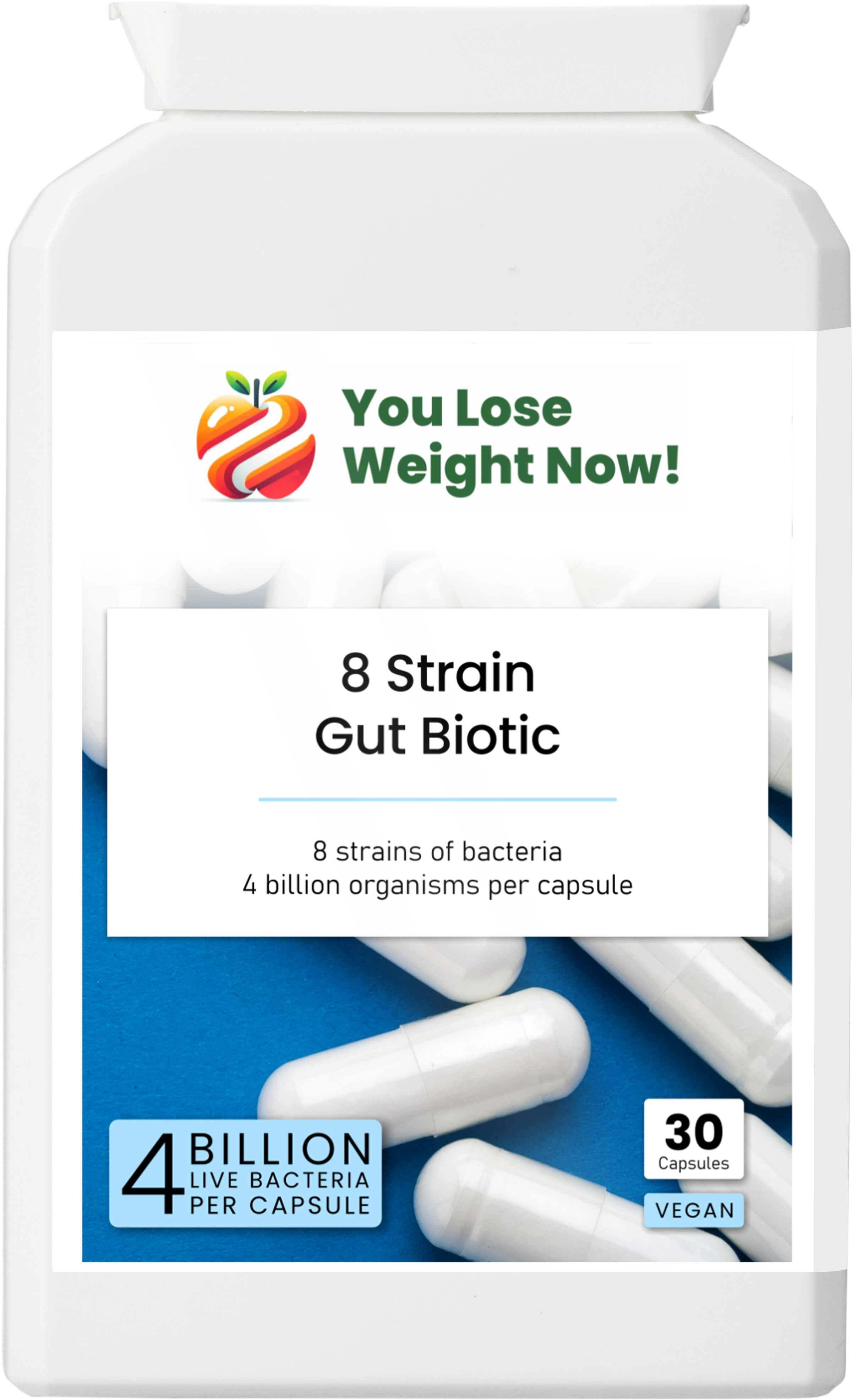 8 Strain Gut Biotic by YouLoseWeightNow! — front of tiny flat supplement pot, no bigger than a lip balm tin, short squat wide disc, showing product name, 8 strains of bacteria, 4 billion live organisms per capsule, and Vegan badge