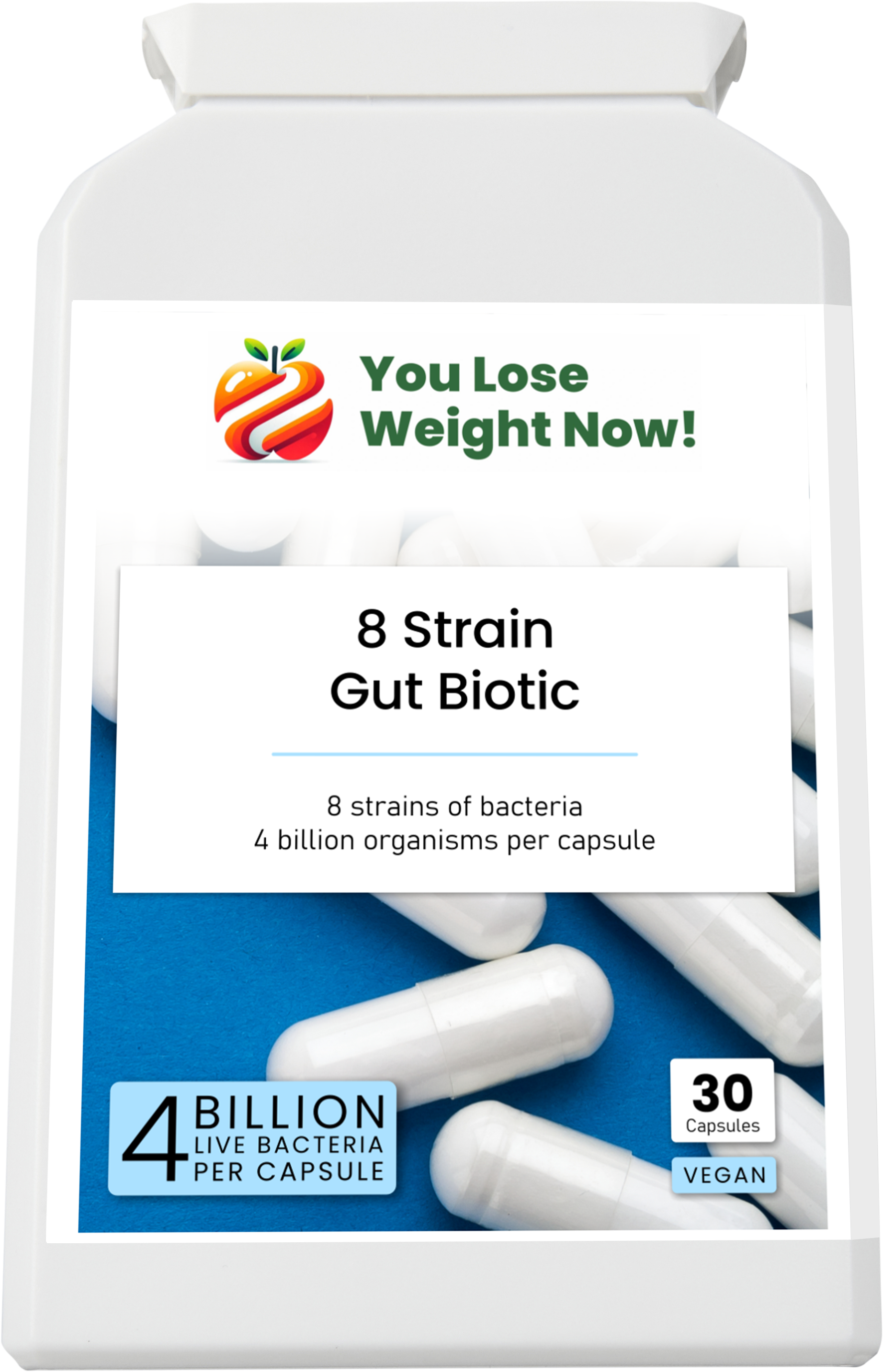 8 Strain Gut Biotic by YouLoseWeightNow! — perspective view of tiny flat supplement pot, no bigger than a lip balm tin, short squat wide disc, showing front label and 4 Billion Live Bacteria badge
