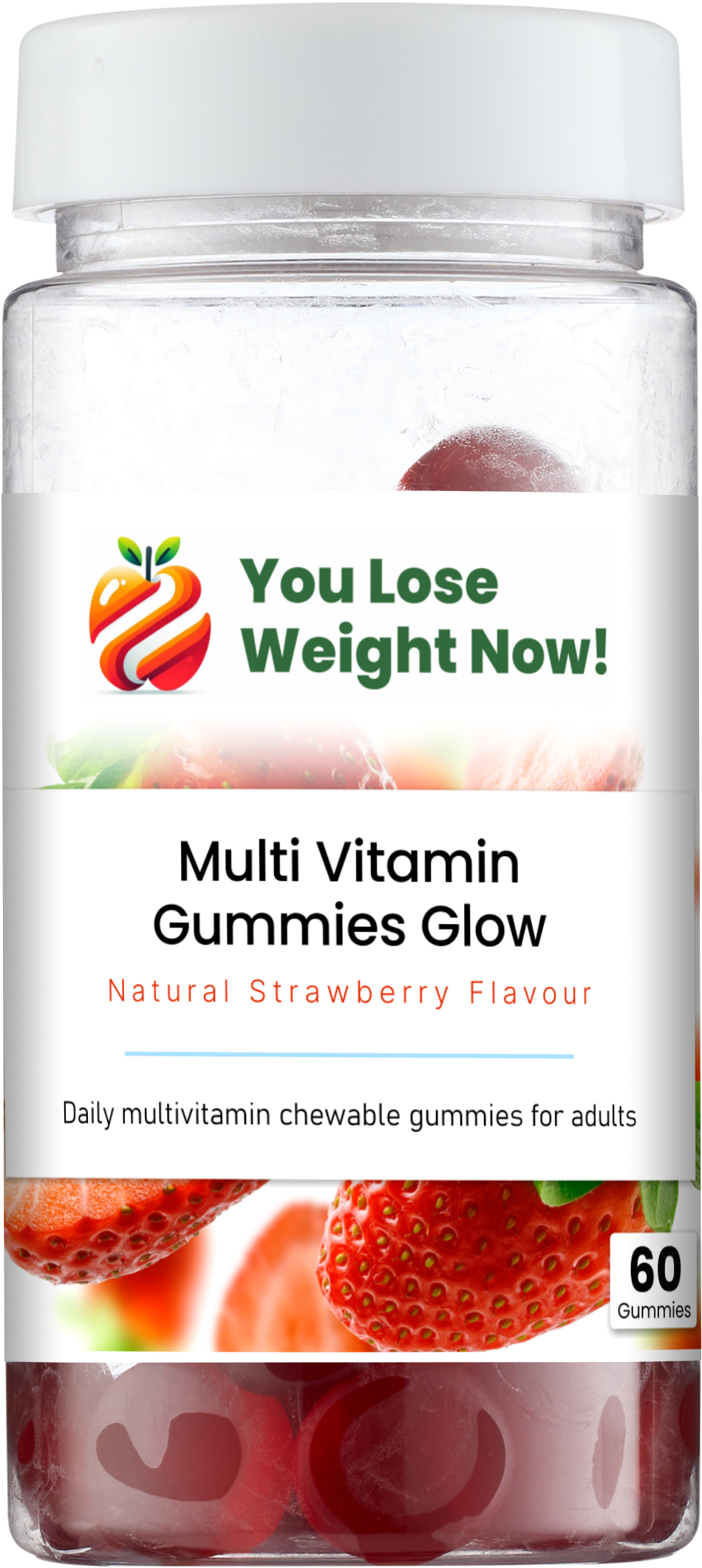 Multi Vitamin Gummies Glow by YouLoseWeightNow! — front view of the round clear plastic bottle showing the label with strawberry flavour branding and 60 gummies count