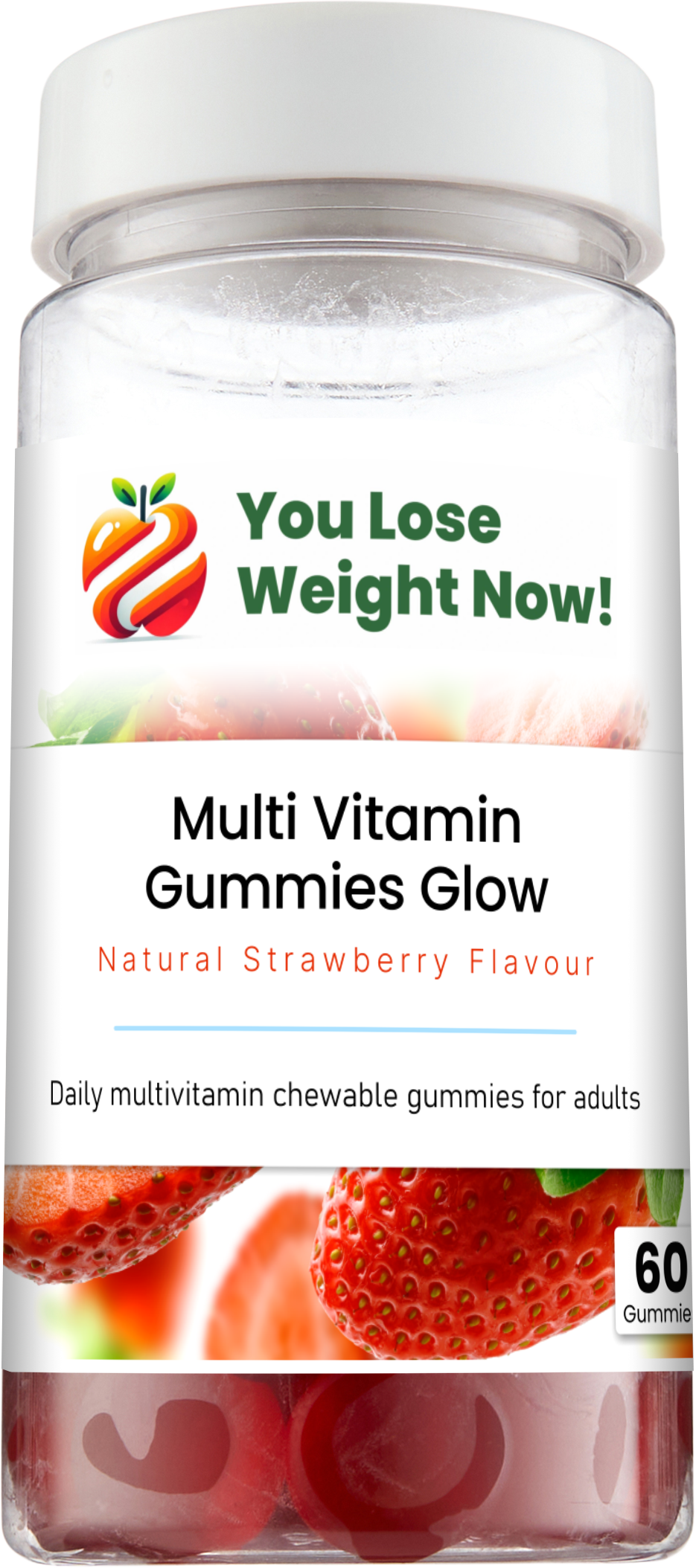 Multi Vitamin Gummies Glow by YouLoseWeightNow! — top view of the round clear plastic bottle with white lid, showing the full product from above.