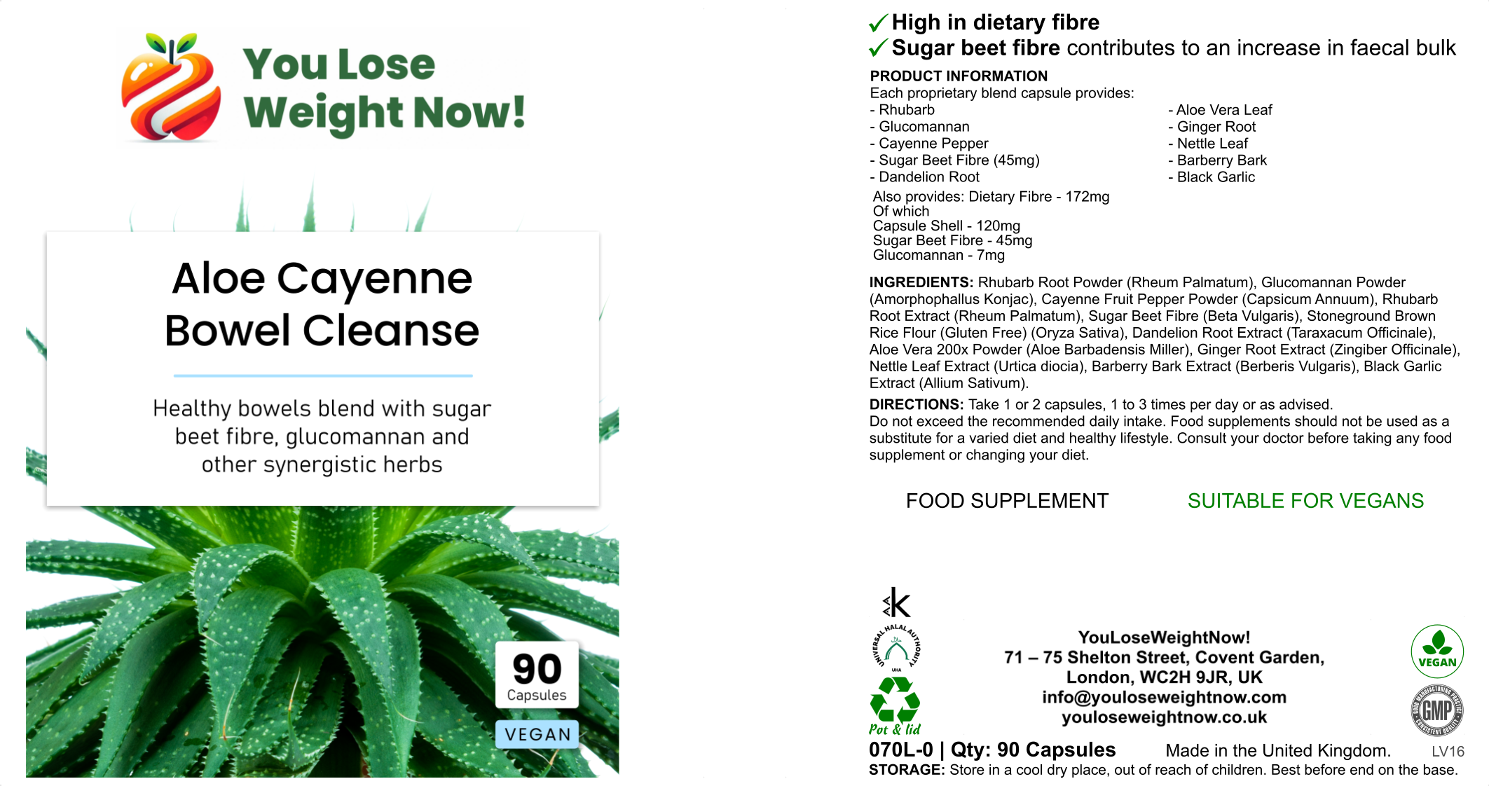 Aloe Cayenne Bowel Cleanse by YouLoseWeightNow! — three-panel hero shot showing front, back and side of the tiny flat supplement pot against a clean background