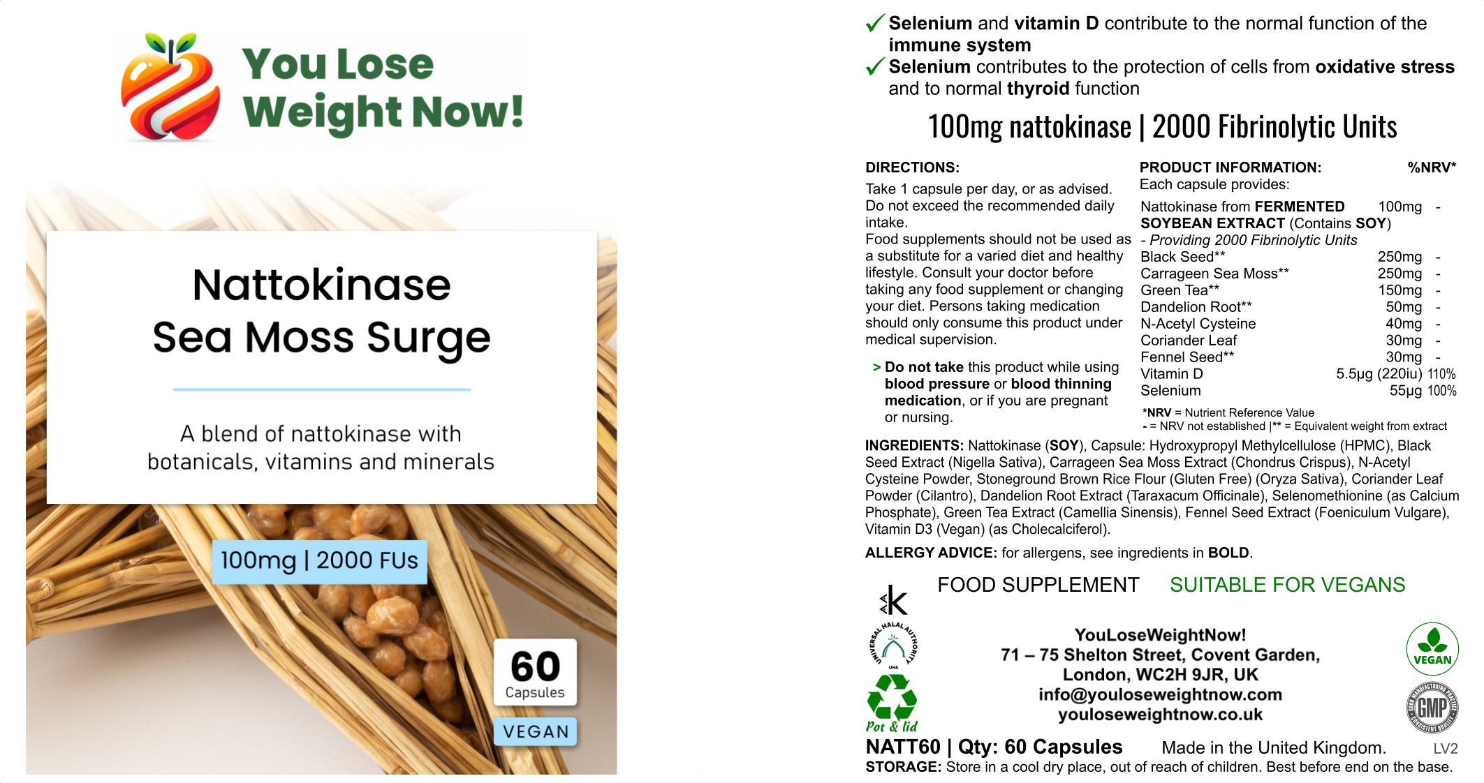 Nattokinase Sea Moss Surge by YouLoseWeightNow! — hero three-panel render showing the flat postal friendly supplement pot from multiple angles, product label clearly visible.