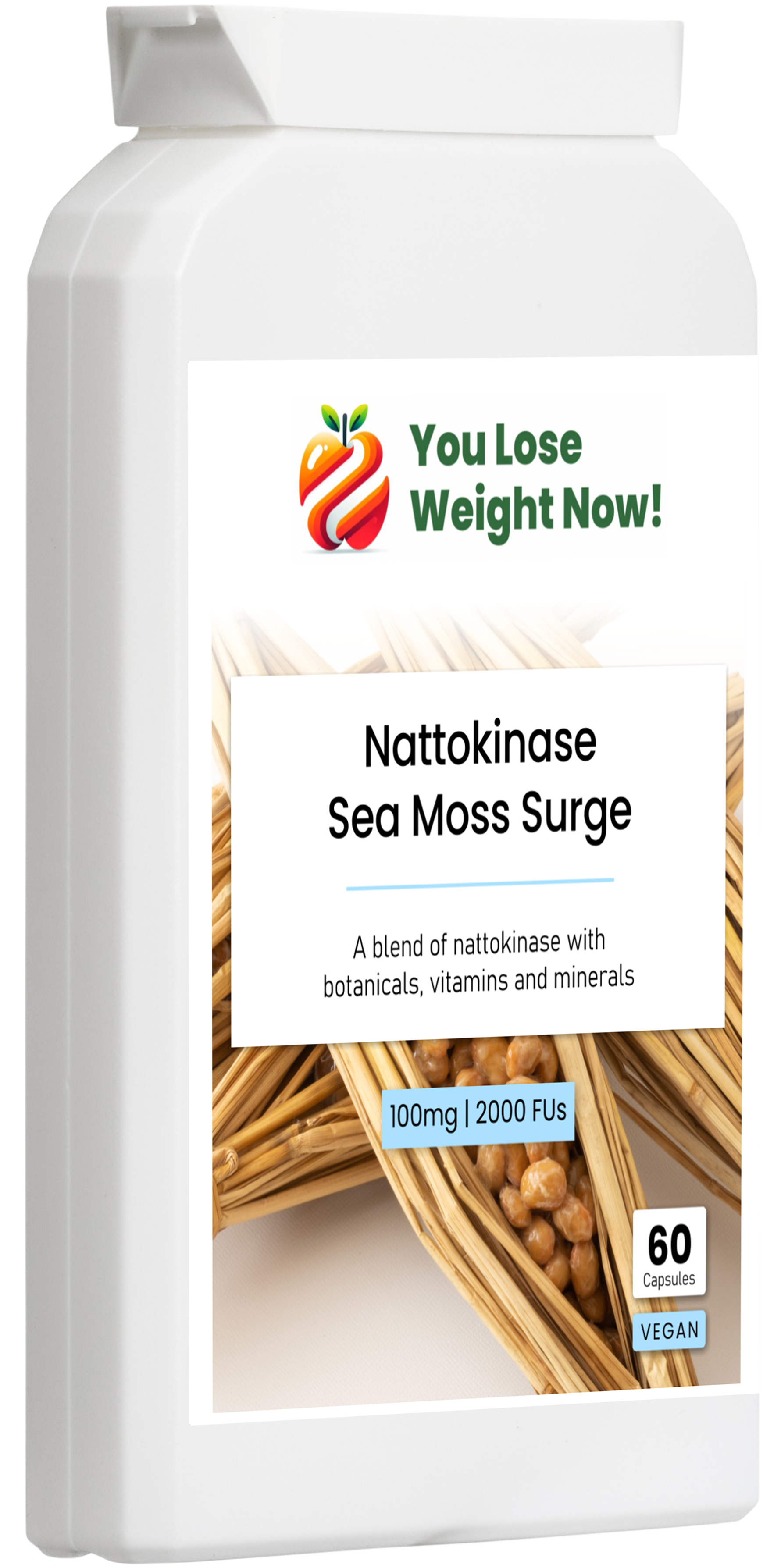  Nattokinase Sea Moss Surge by YouLoseWeightNow! — left side render of the flat postal friendly supplement pot, short squat wide disc.