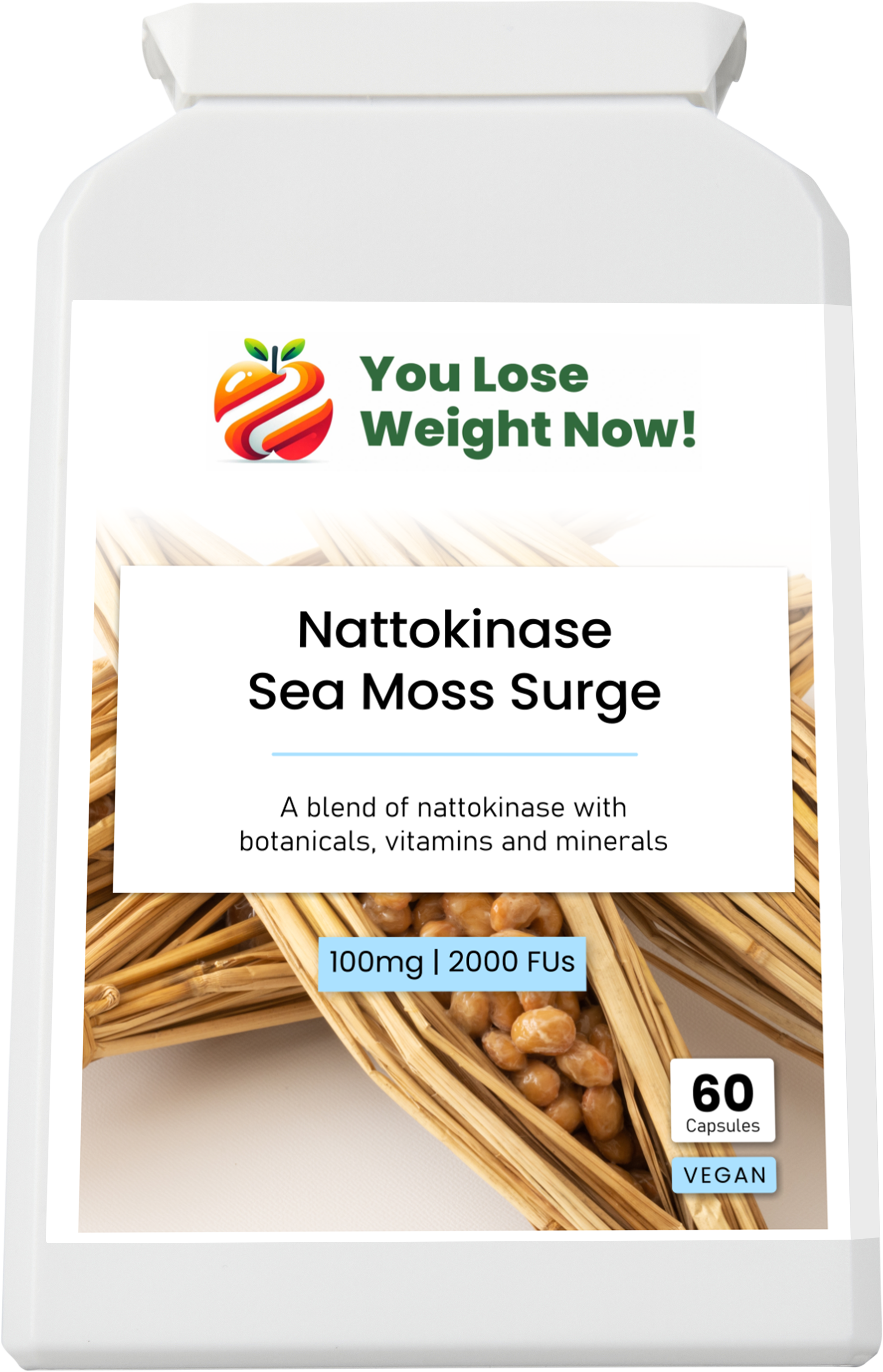 Nattokinase Sea Moss Surge by YouLoseWeightNow! — front render of the flat postal friendly supplement pot, short squat wide disc, showing the product label clearly.