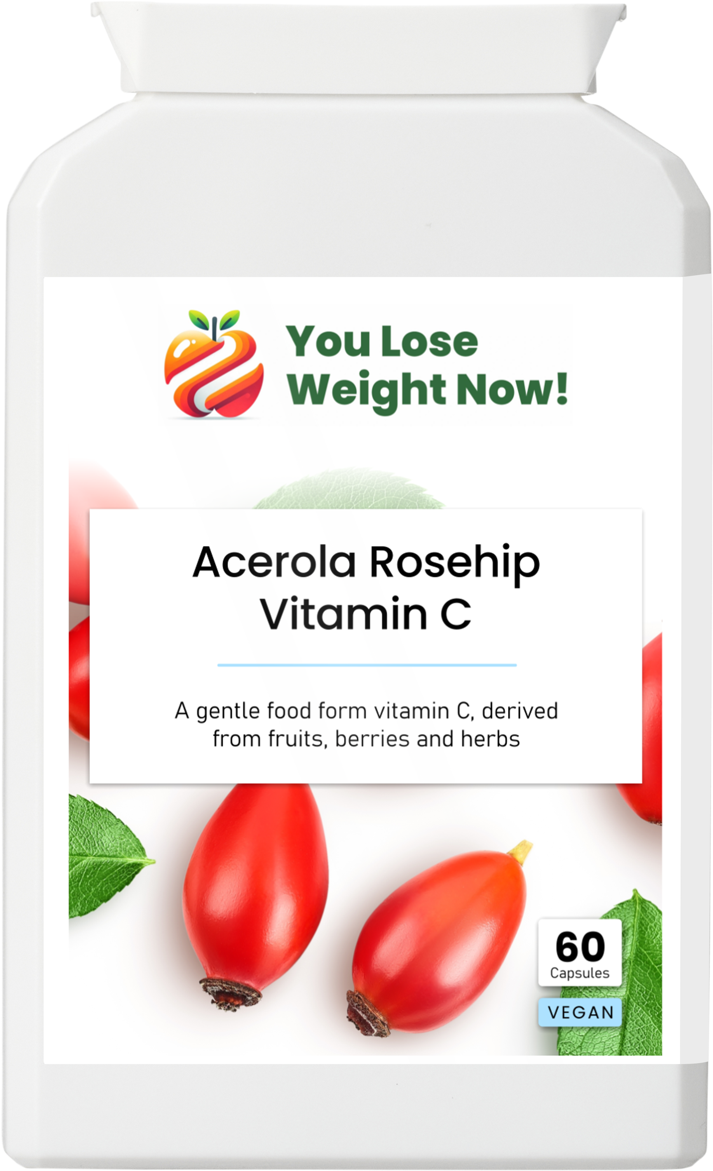 YouLoseWeightNow! Acerola Rosehip Vitamin C flat supplement pot — front label view showing product name and key benefits